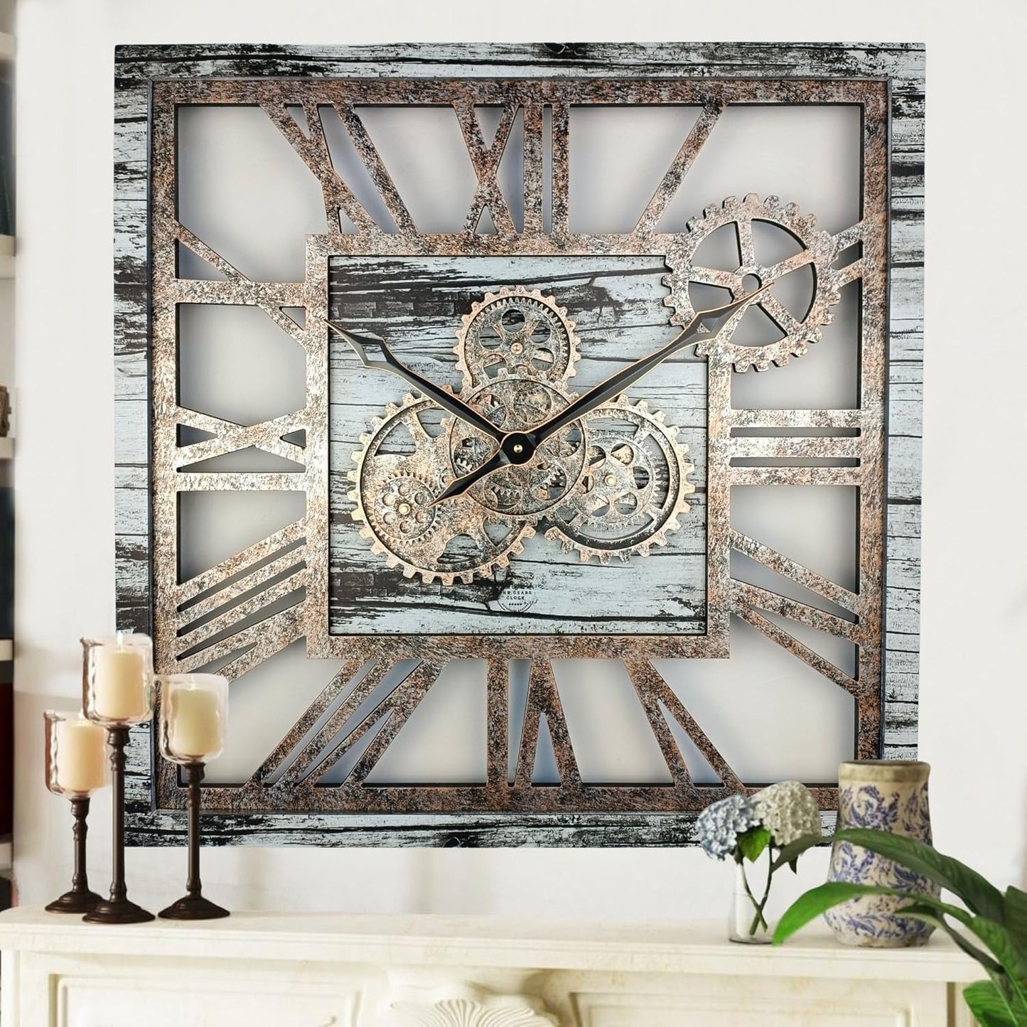 The Gears Clock 24'' Inch Square Real Moving Gear Wall Clock Vintage Industrial Oversized Rustic Farmhouse (Grey and White)