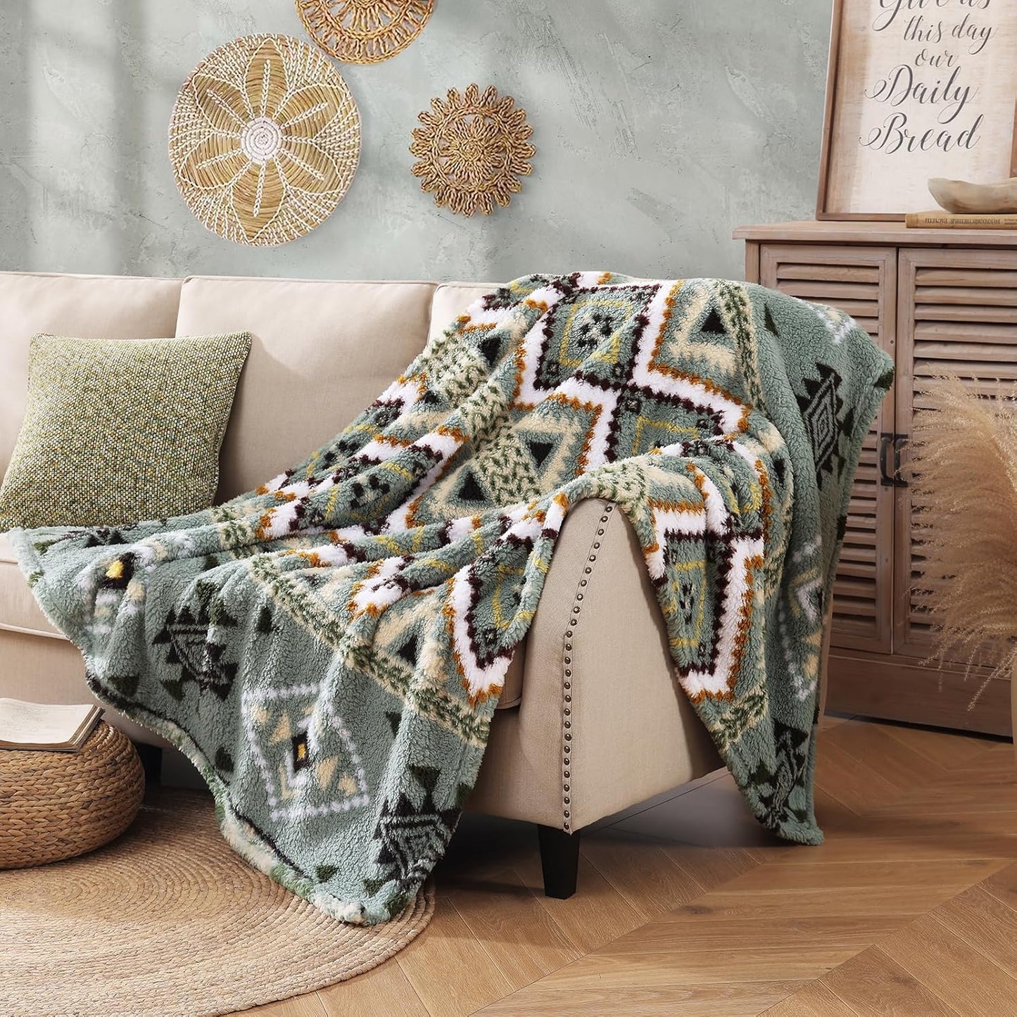 CASAAGUSTO Boho Sherpa Throw Blanket, Aztec Throw Blanket,Ultra Soft, Warm, Cozy, Plush, Thick Fleece Blanket for Couch, Bed, Sofa (Olive Green 50 * 60 Inch)