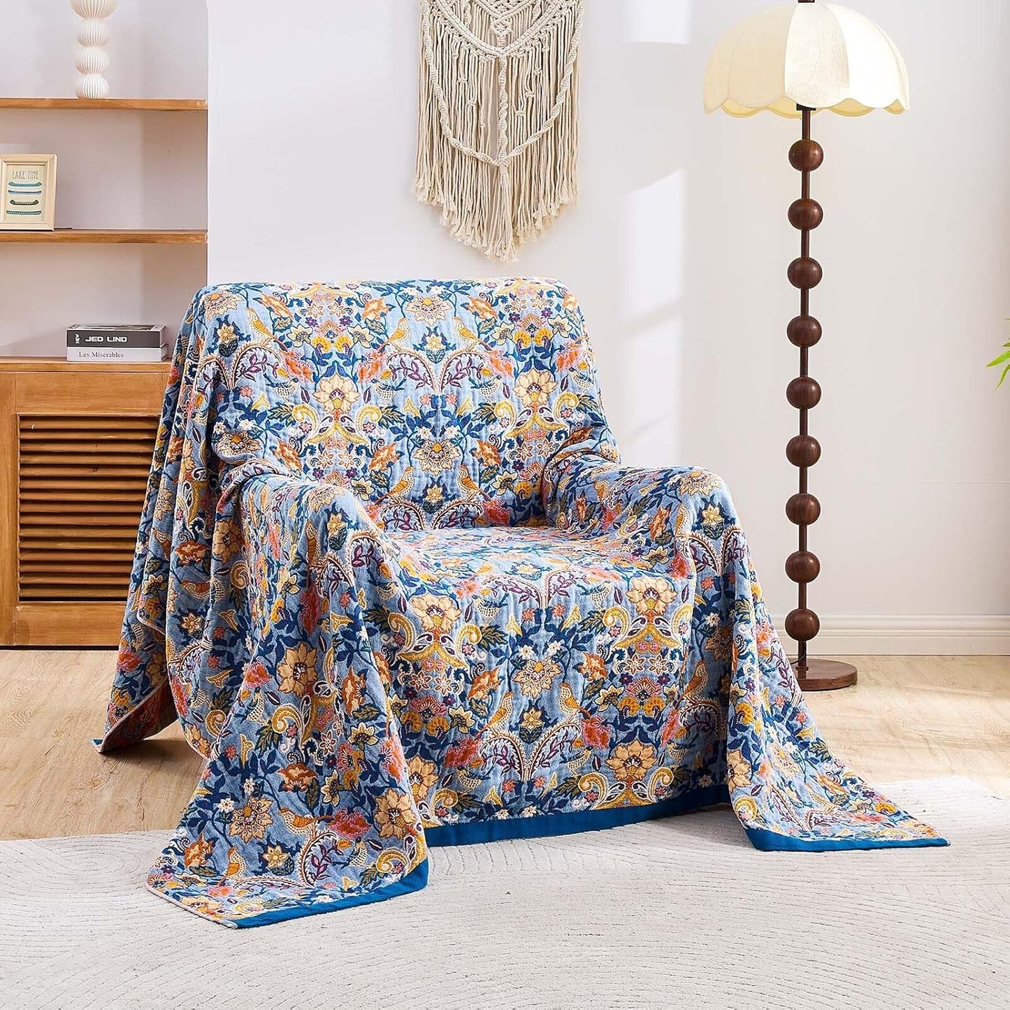 Boho Throw Blanket for Bed, 100% Cotton Soft Rustic Quilt Fall Blanket, 90"x98" Floral Printed Farmhouse Decor Bed Blankets, All Season Rustic Reversible Bohemian Throw Quilt