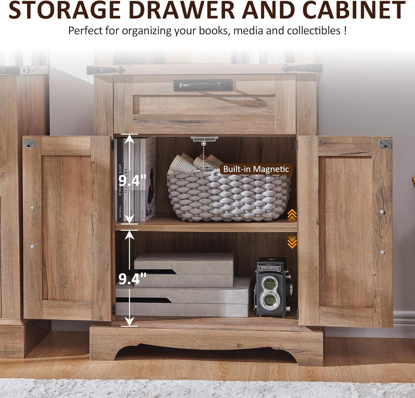 OKD 72'' Tall Bookshelf with Storage, Farmhouse 4 Tier Bookcase with Barn Door, Adjustable Shelves and Drawers, Rustic Wooden Office Bookshelves for Home Bedroom, Living Room, Library (Natural Oak)