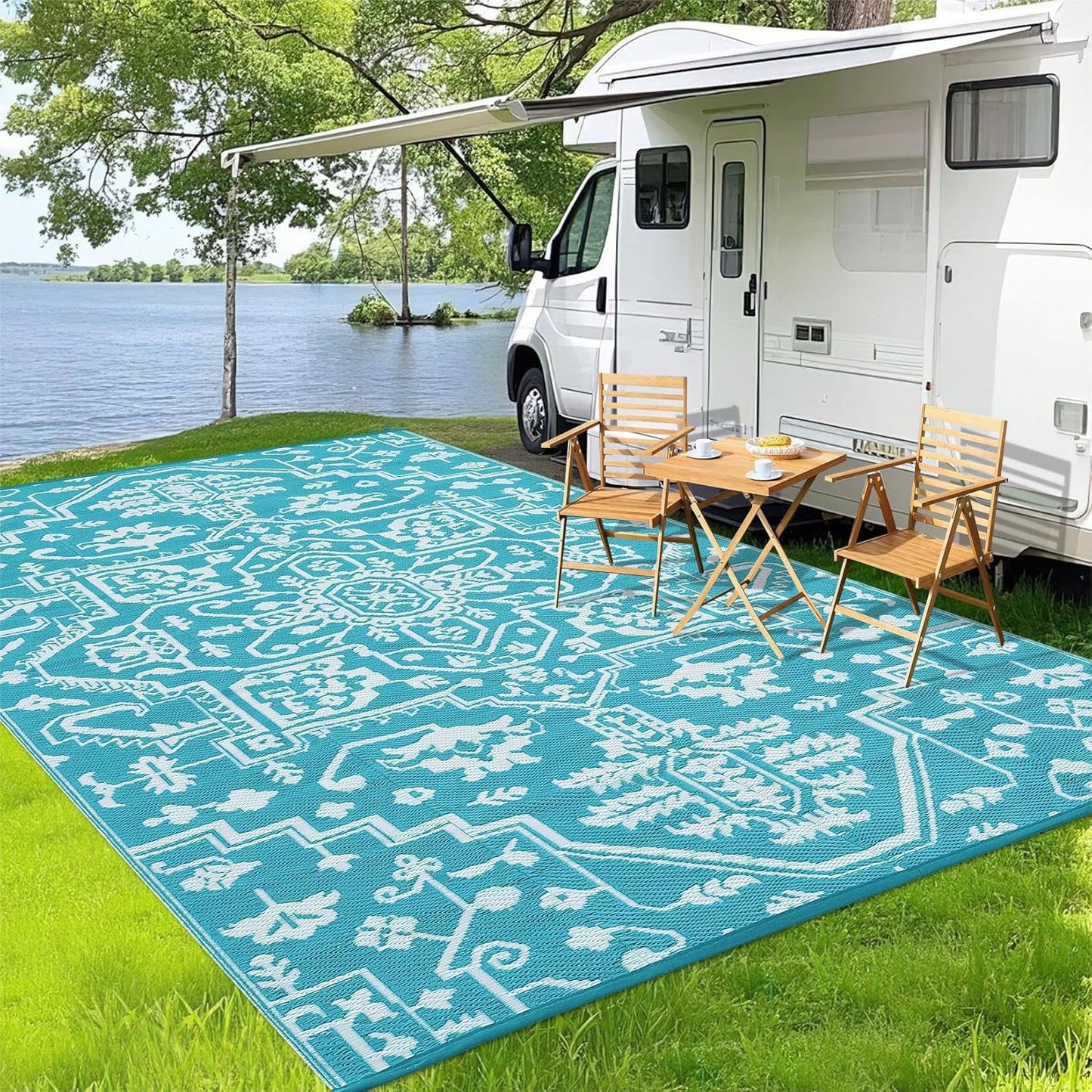 Outdoor Rug 8x10 Waterproof Reversible Plastic Straw Mat, UV-Resistant Vintage Medallion Camping Carpet for Patio, Deck, Balcony, Picnic, Large Outside Floor Mat, Light Blue/White