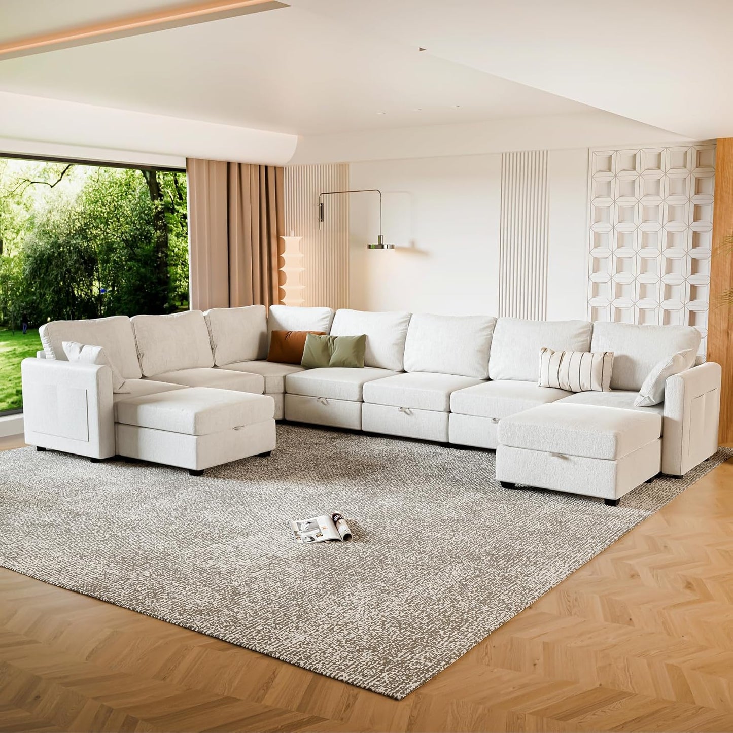 mestyl Modular Sectional Sofa Convertible Sofa Couch Set with Storage for Living Room, Modern 7 Seater Modular Sectional Couch with 2 Movable Ottoman (Beige)