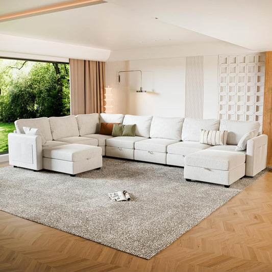 mestyl Modular Sectional Sofa Convertible Sofa Couch Set with Storage for Living Room, Modern 7 Seater Modular Sectional Couch with 2 Movable Ottoman (Beige)