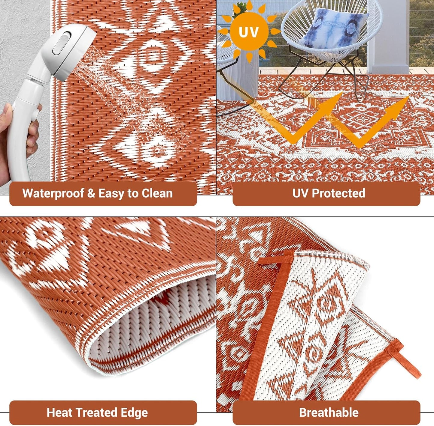 GAOMON Outdoor Rug for Patio 9x18 Waterproof Reversible Plastic Straw Rug, Large UV-Resistant Portable RV Camping Mats, Indoor Outdoor Medallion Carpet for Outside Deck Porch Garden, Red & White