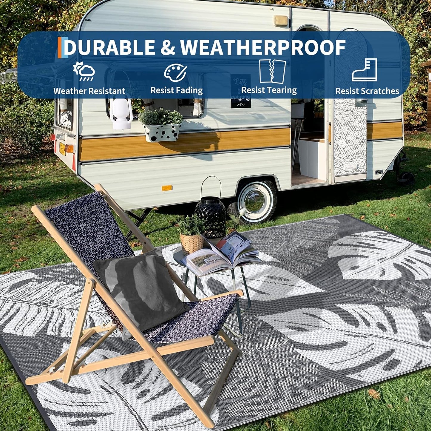 GAOMON Outdoor Rug Waterproof 9x12 Outdoor Plastic Straw Rug for Patio, Reversible Modern Camping Mat with Bag & Stakes, UV Resistant & Easy to Clean Carpet for RV, Deck, Balcony, Grey