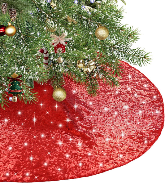 Eternal Beauty Christmas Tree Skirt, 70 Inch Red Sequin Tree Skirt Small Xmas Tree Skirt for Christmas Tree Decorations