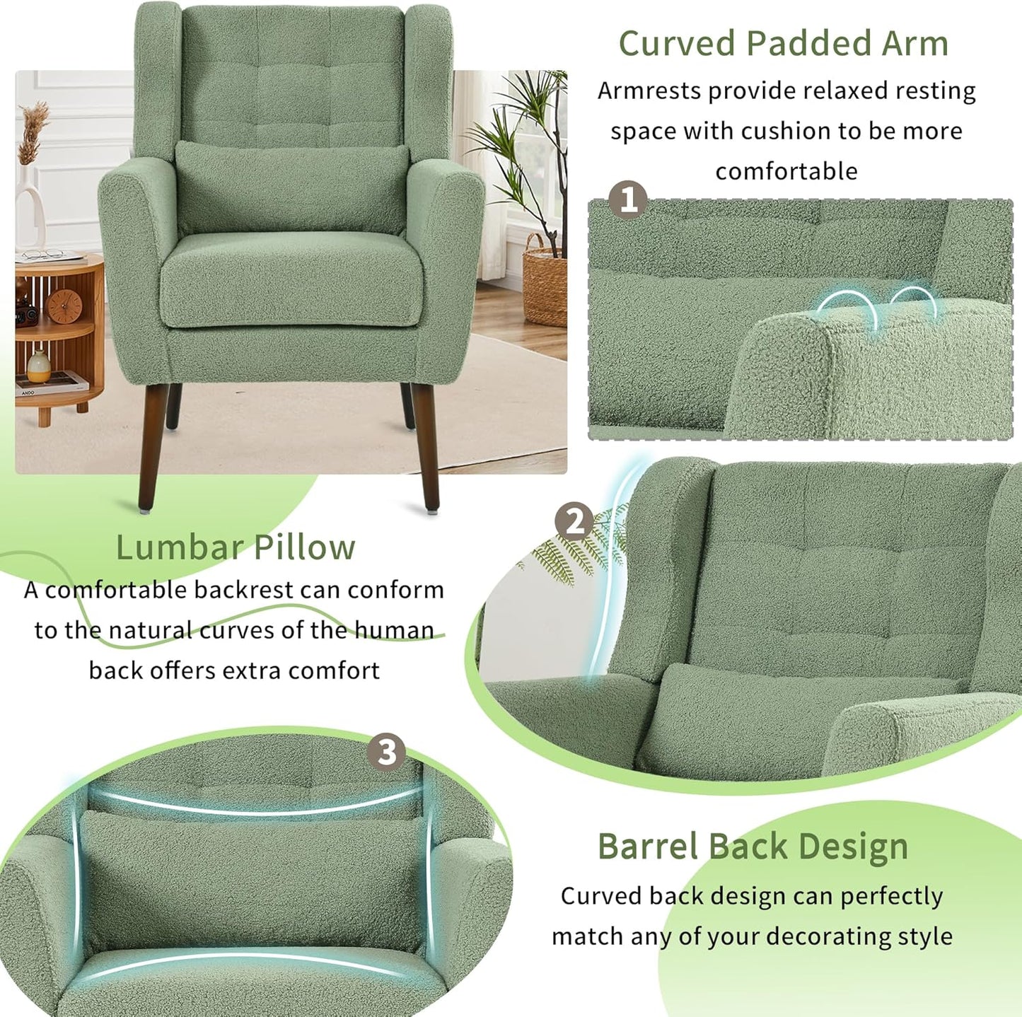 Modern Accent Chair, Upholstered Armchair with Pillow, Teddy Single Sofa Chair with Lounge Seat and Wood Legs Accent Chair for Living Room Bedroom Small Spaces