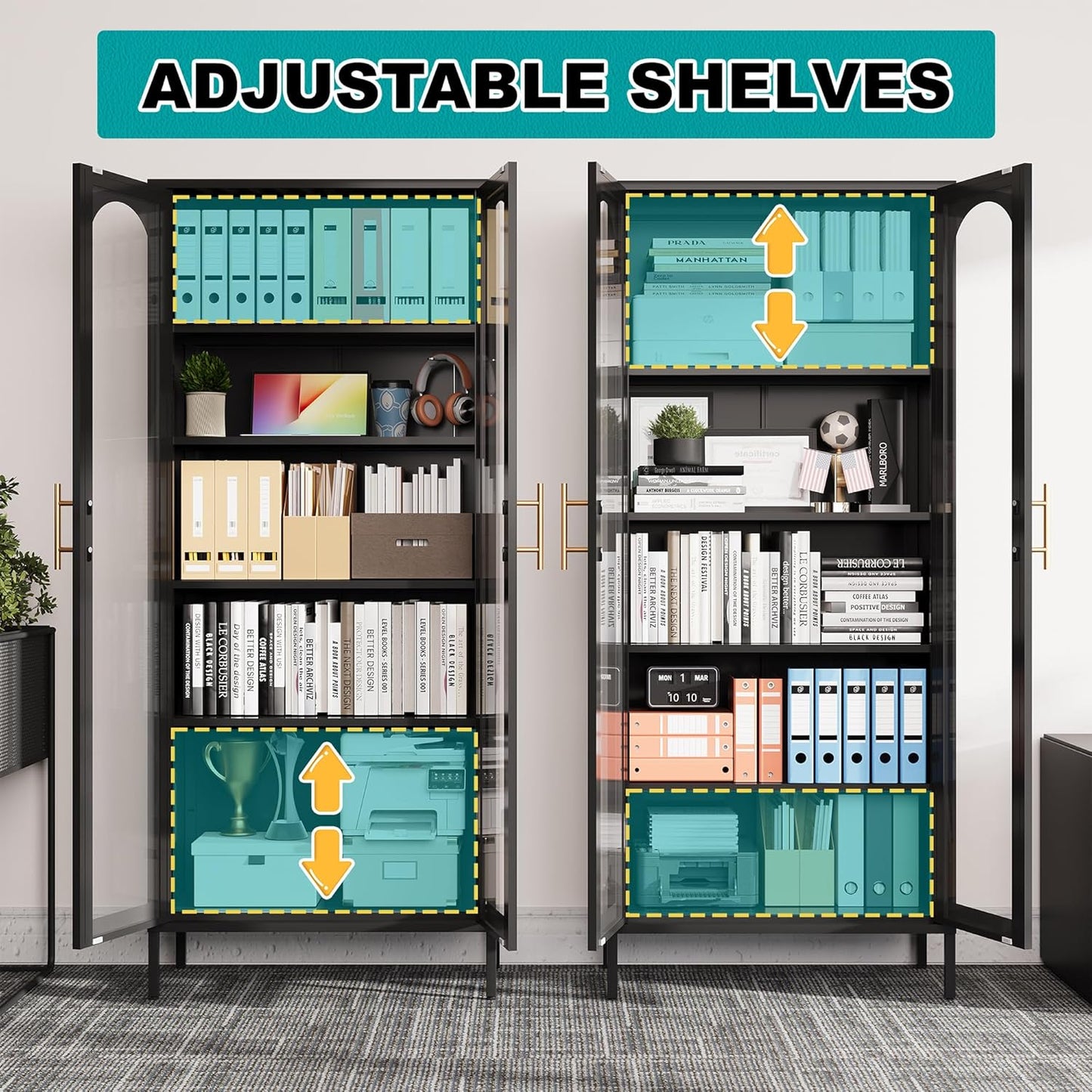 71" Tall Display Cabinet, 5-Tier Bookshelf with Doors & Adjustable Shelf, Modern Storage Cabinets Ideal for Book, Wine, Collectibles, Free Standing Bookcase for Home, Office, Living Room