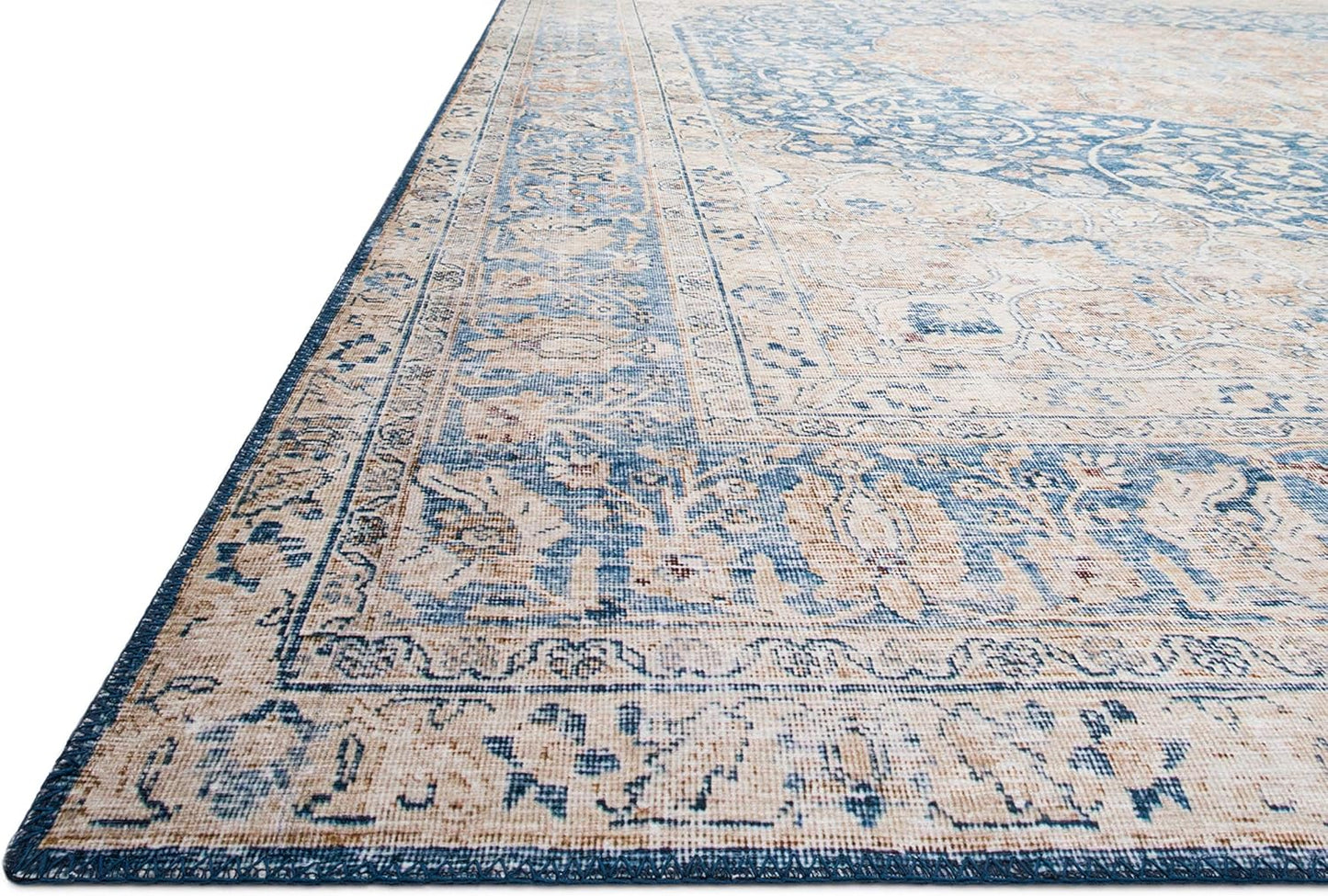 Loloi Layla Collection LAY-07 Blue/Tangerine 2'-6" x 9'-6" .13" Thick Runner Rug, Soft, Durable, Vintage Inspired, Distressed, Low Pile, Non-Shedding, Easy Clean, Printed, Living Room Rug