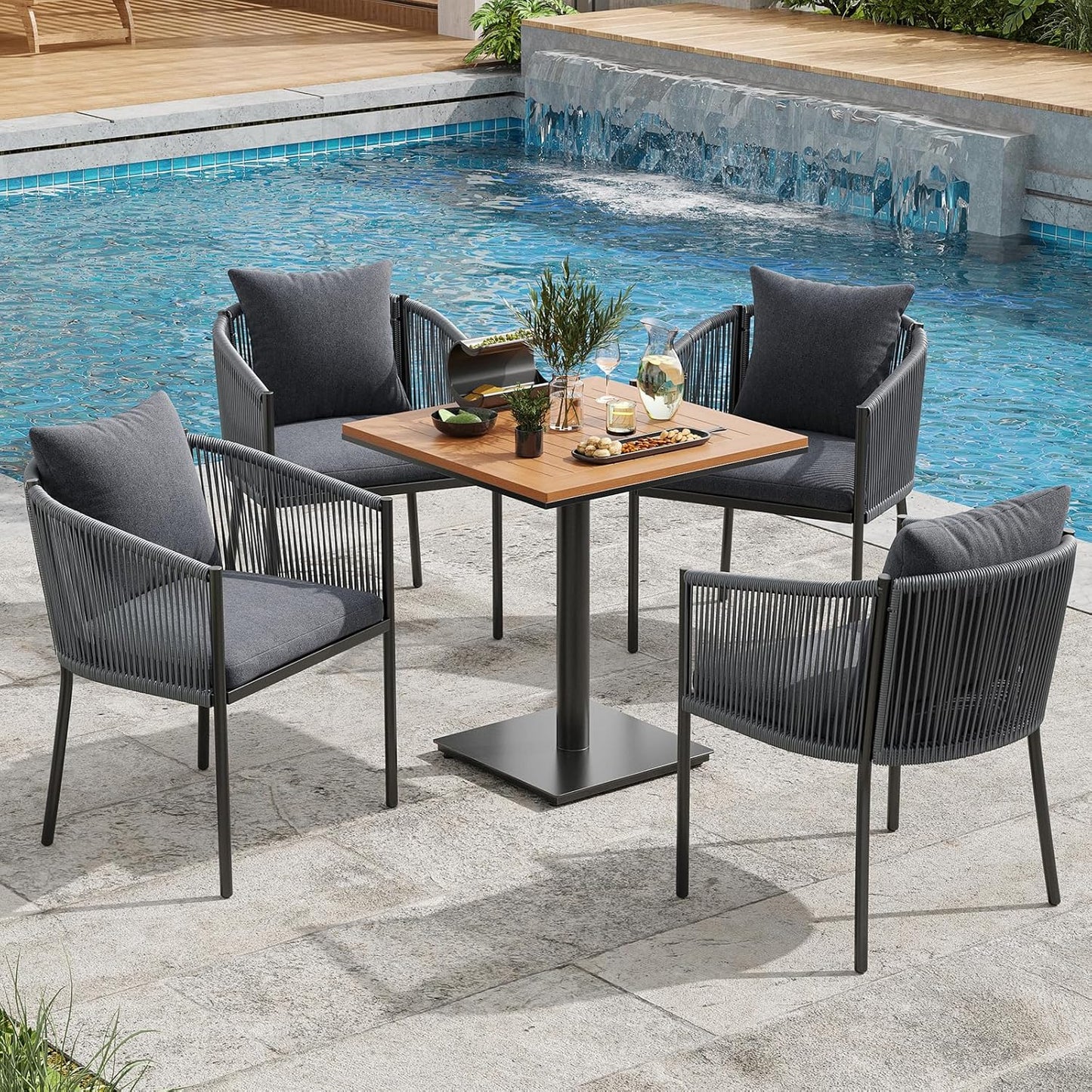 Soohow 5 Pieces Outdoor Dining Set for 4, Patio Table and Chairs Set 4 X Rattan Wicker Patio Chair with Cushions and 1 X Outdoor Table Plastic Wooden Top for Lawn, Deck Backyard, Poolside
