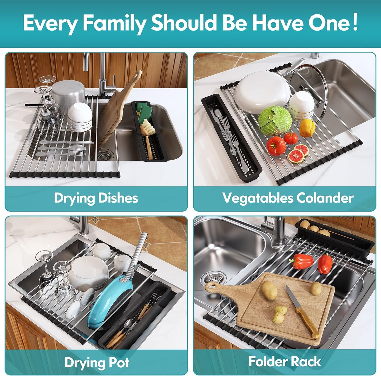 Roll Up Dish Drying Rack, Expandable (12.8"-23.8" D x 12.8" W) Stainless Steel Portable Over The Sink Dish Drainer for Kitchen Sink Counter, Foldable Sink Cover with Removable Utensil Holder