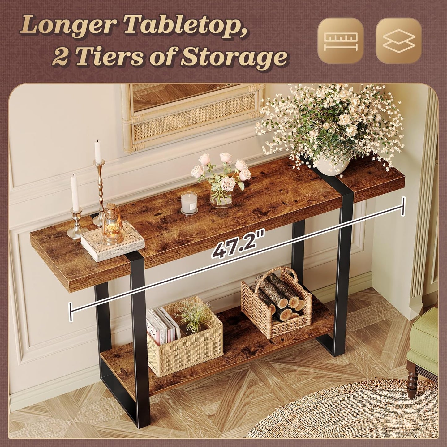 Huuger 47.2 Inch Entryway Table, 2-Tier Industrial Console Sofa Table, Accent Table with Storage, for Entry, Hallway, Entrance, Foyer, T-Shaped Metal Frame, Rustic Brown