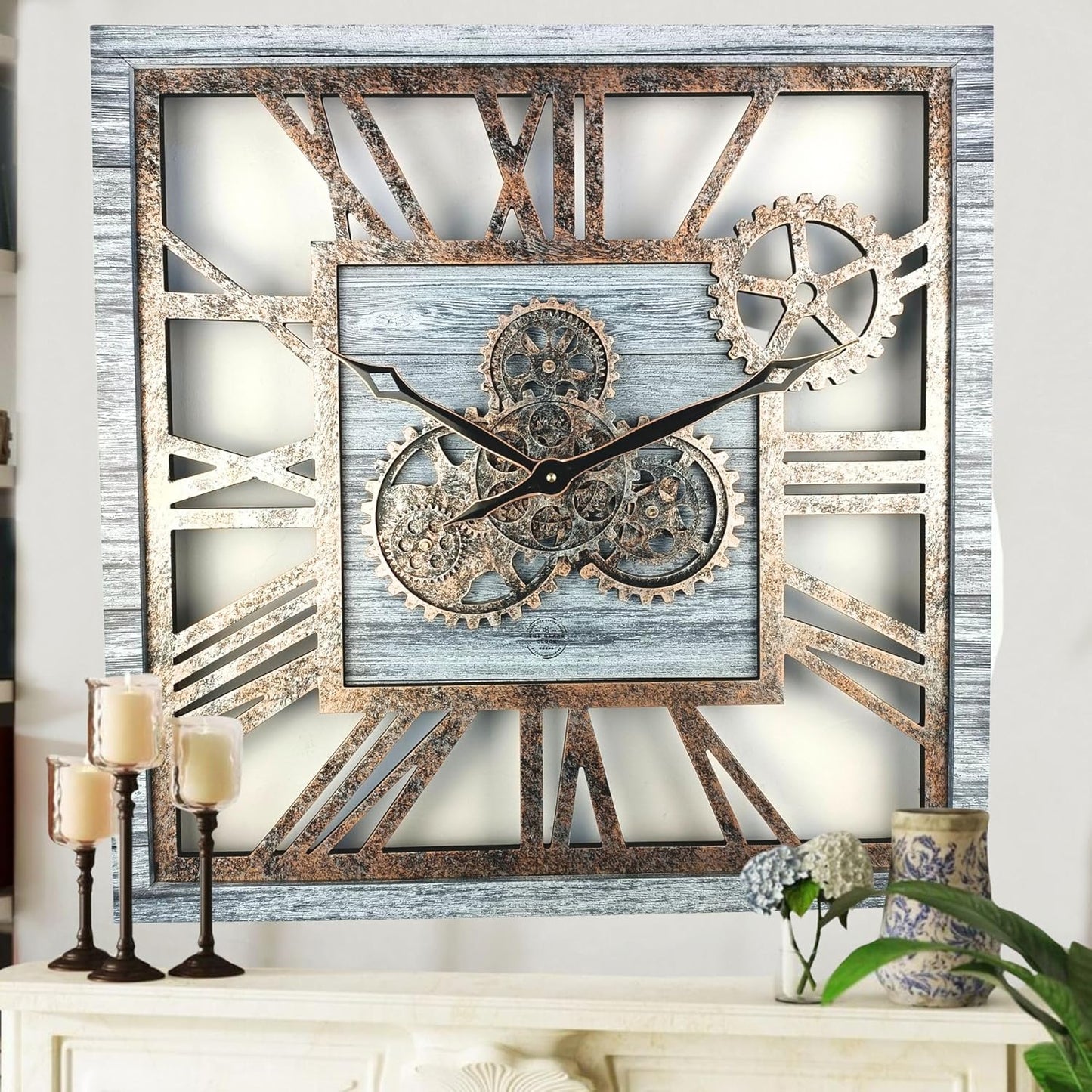 The Gears Clock 24'' Inch Square Real Moving Gear Wall Clock Vintage Industrial Oversized Rustic Farmhouse (Silver Grey)