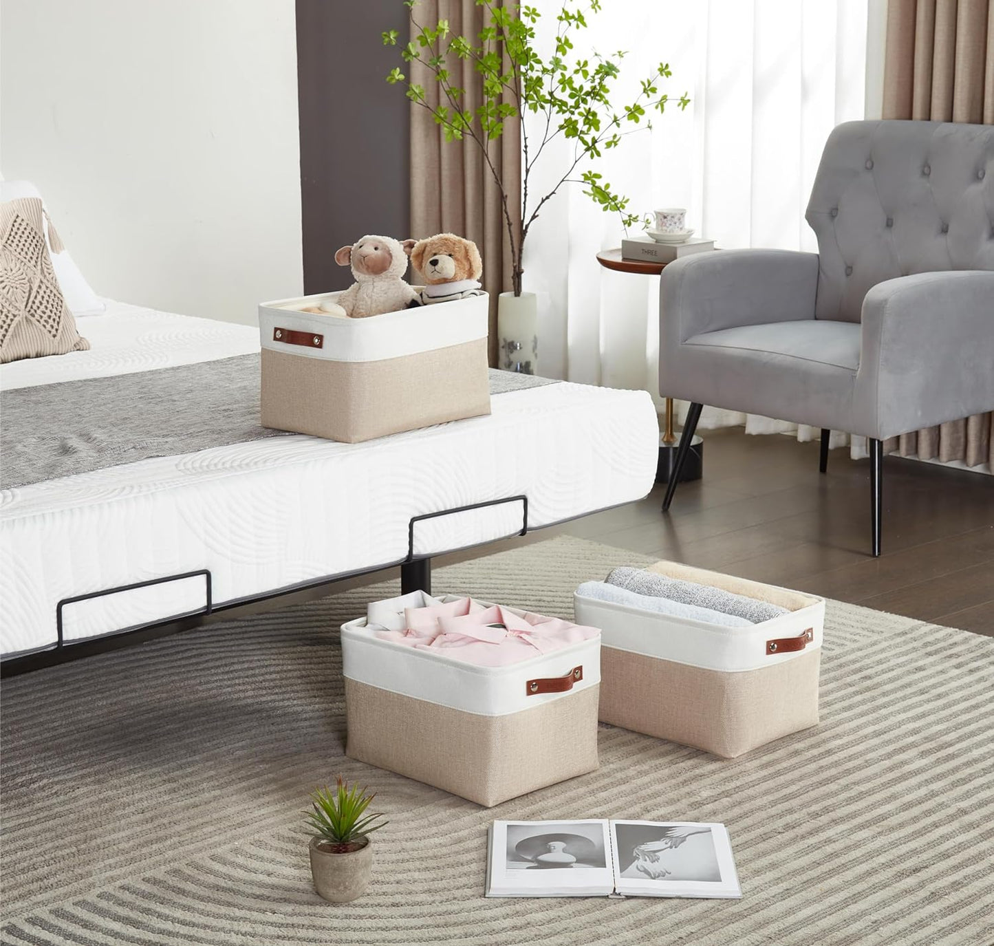 DECOMOMO Storage Bins Fabric Storage Baskets for Shelves, Linen Closet Organization Toys Nursery (Beige and White, Large - 3 Pack)