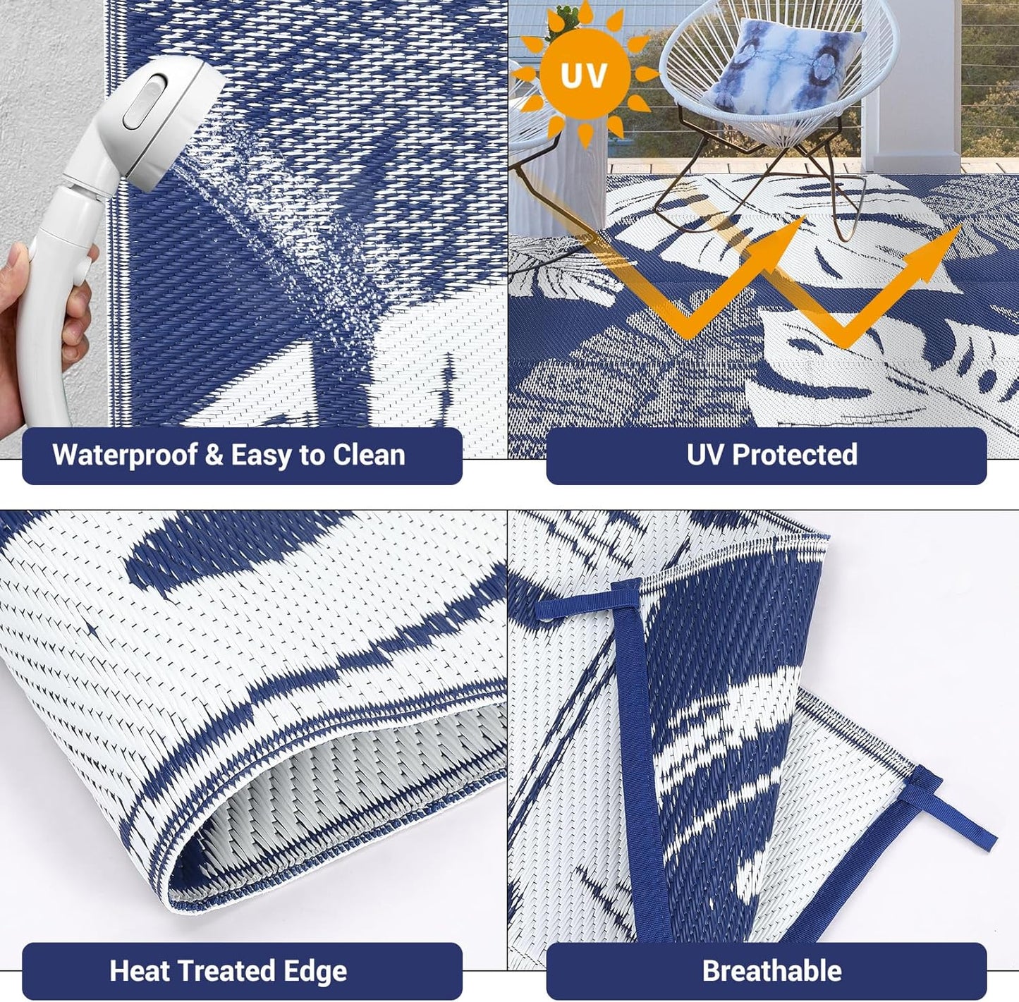 GAOMON Waterproof Plastic Straw Rug 9x12 Outdoor Patio Rugs, Reversible Modern Camping Mat with Bag & Stakes, UV Resistant & Easy to Clean Outdoor Carpet for RV, Deck, Balcony, Blue