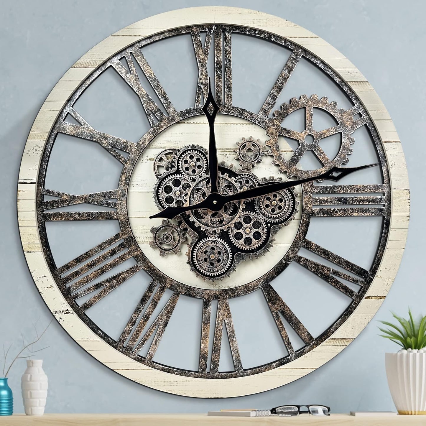 HOIBAI Large Wall Clock, Wall Clocks for Living Room Decor 30 Inch Farmhouse Vintage Rustic Kitchen Wall Decor Vintage Roman Oversized Wall Clock for Home Bedroom House, Moving Gears Clock
