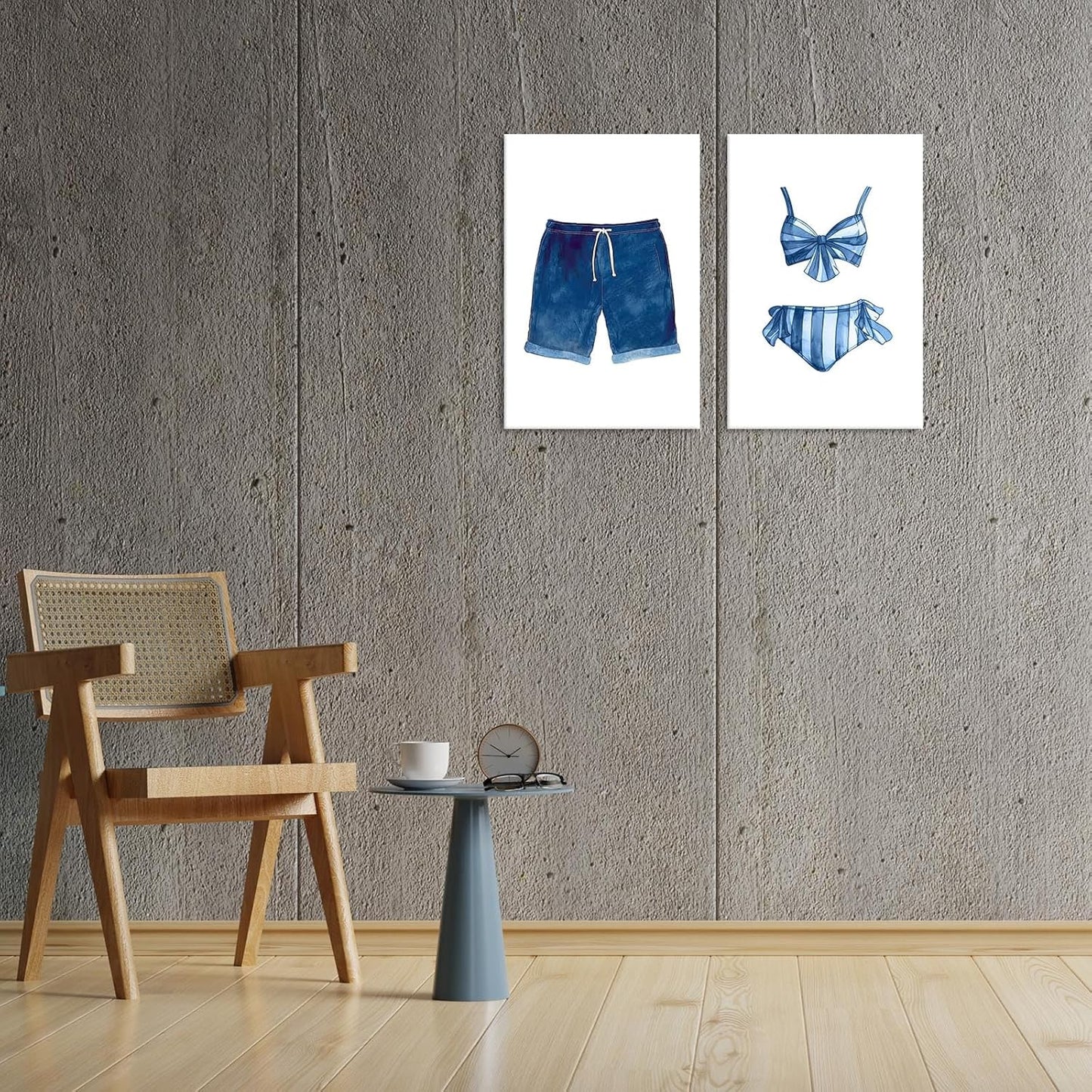 Liyark Set of 2 Retro Navy Blue And White Swimsuit Art Posters Beach Bathing Suit Prints Painting Beach House Wall Art Coastal Wall Decor Pictures For Bathroom Home Decoration 24x36in Framed