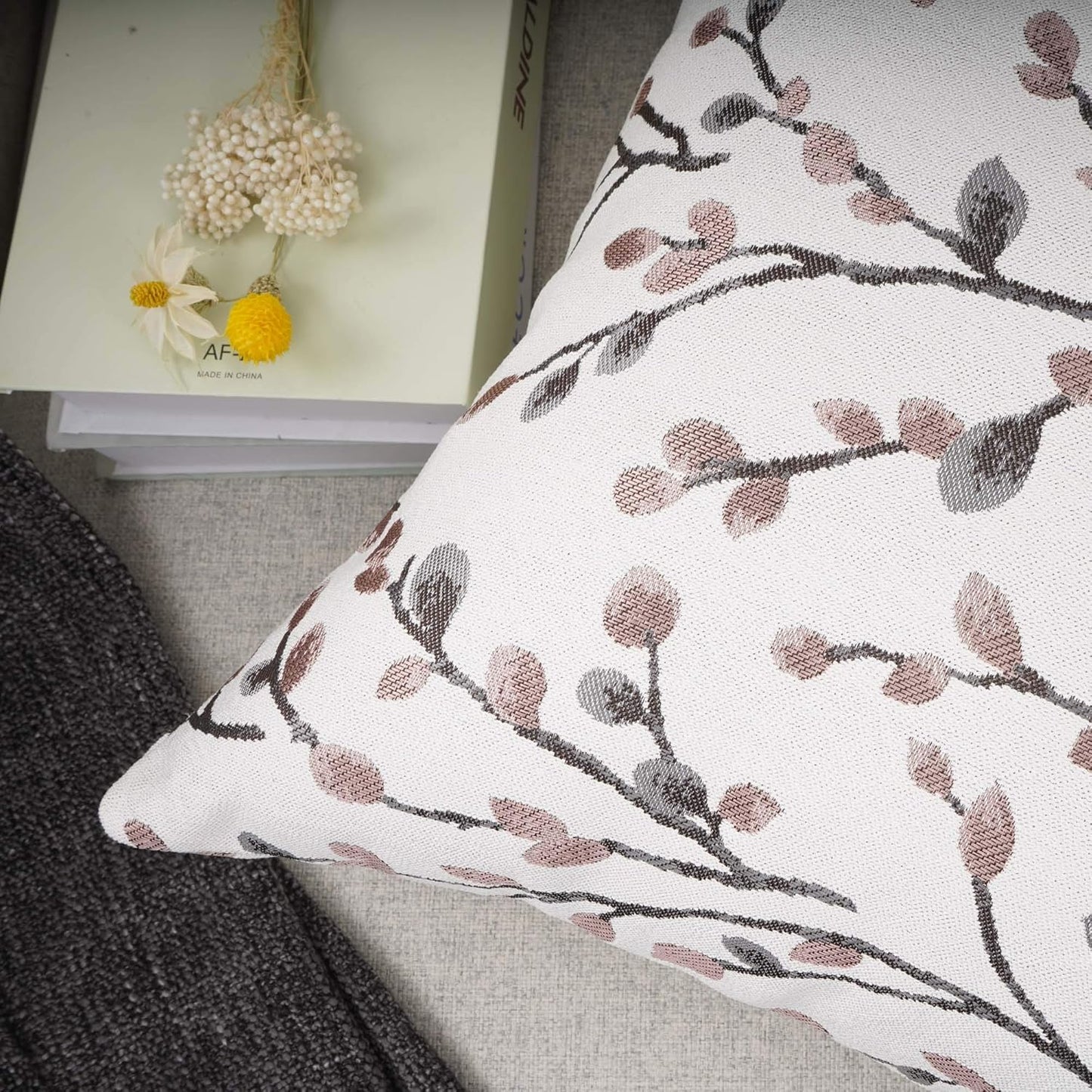 YOUR SMILE Classical Embroidery Jacquard Pink Leaf Pattern Square Decorative Throw Pillow Case Cushion Cover 18x18 inch