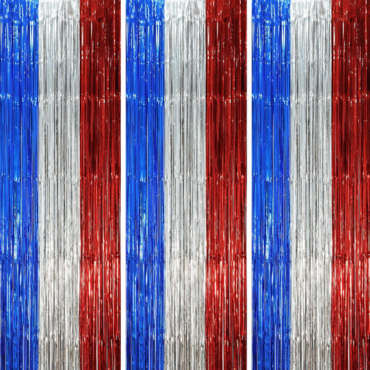 3 Pack 3.3 x 8.2 ft Blue Red Silver Foil Fringe Backdrop Curtains, Tinsel Streamers Party Decorations, Fringe Backdrop, Door Shimmer for Independence Day or Birthday Party