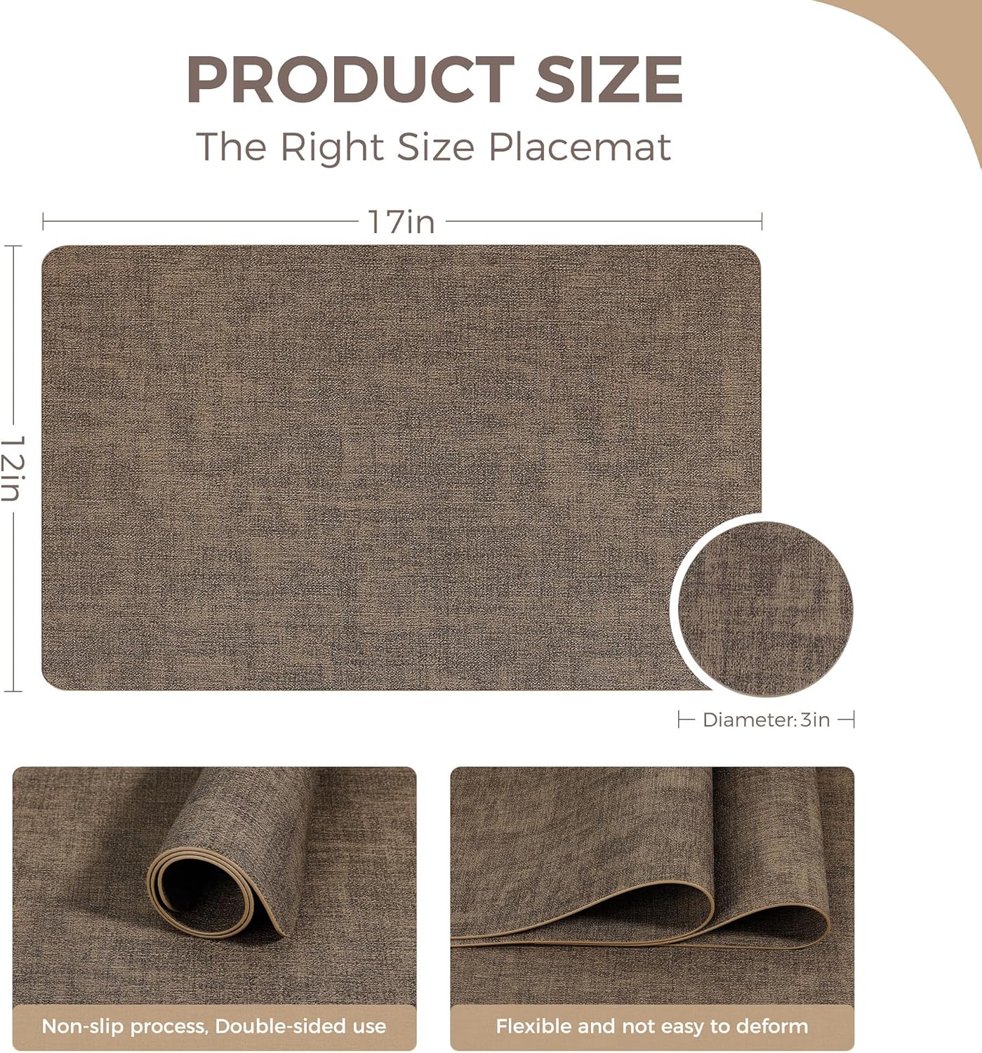 Vinyl Placemats Set of 6, Faux Leather Waterproof and Heat Resistant Place Mats, Washable Anti-Slip Table Mats with Coaster, Wipeable Placemats for Indoor & Outdoor 17" x 12" (Dark Coffee, Set of 6)