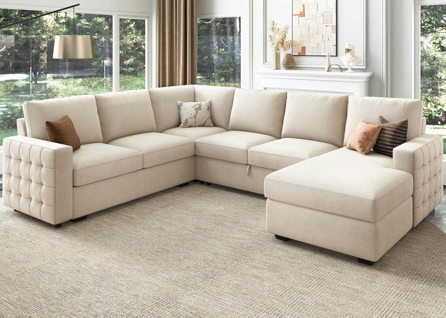 HONBAY Sectional Couch with Pull Out Bed, Sectional Sleeper Sofa with Storage, U Shape Couches for Living Room, Velvet Beige