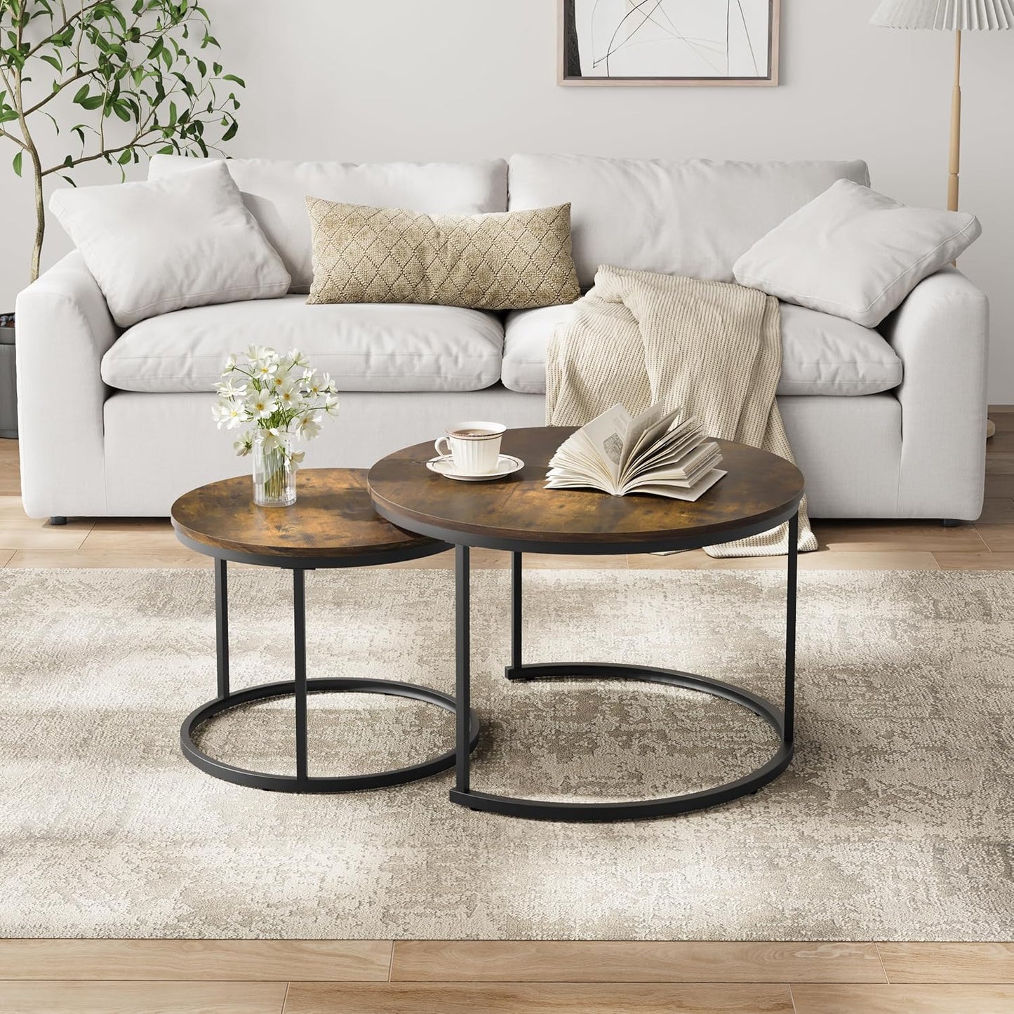 Smuxee Rustic Nesting Coffee Table Set of 2, 27.6" Round Coffee Table Wooden Marble Pattern with Adjustable Non-Slip Feet, Industrial End Table for Living Room Bedroom Balcony