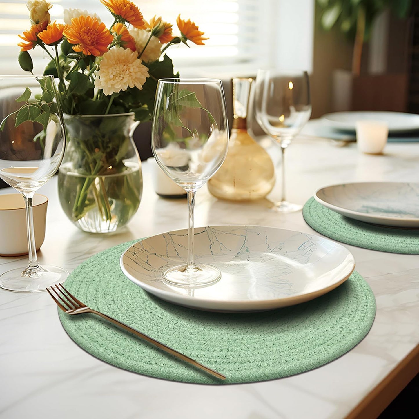 Round Placemats Set of 6, Cotton Rope Woven Table Mats, Hot Pads for Kitchen, Non Slip Heat Resistant Place Mats, 13 Inches Braided Placemat for Farmhouse Decor and Kitchen Table Decor (Green)