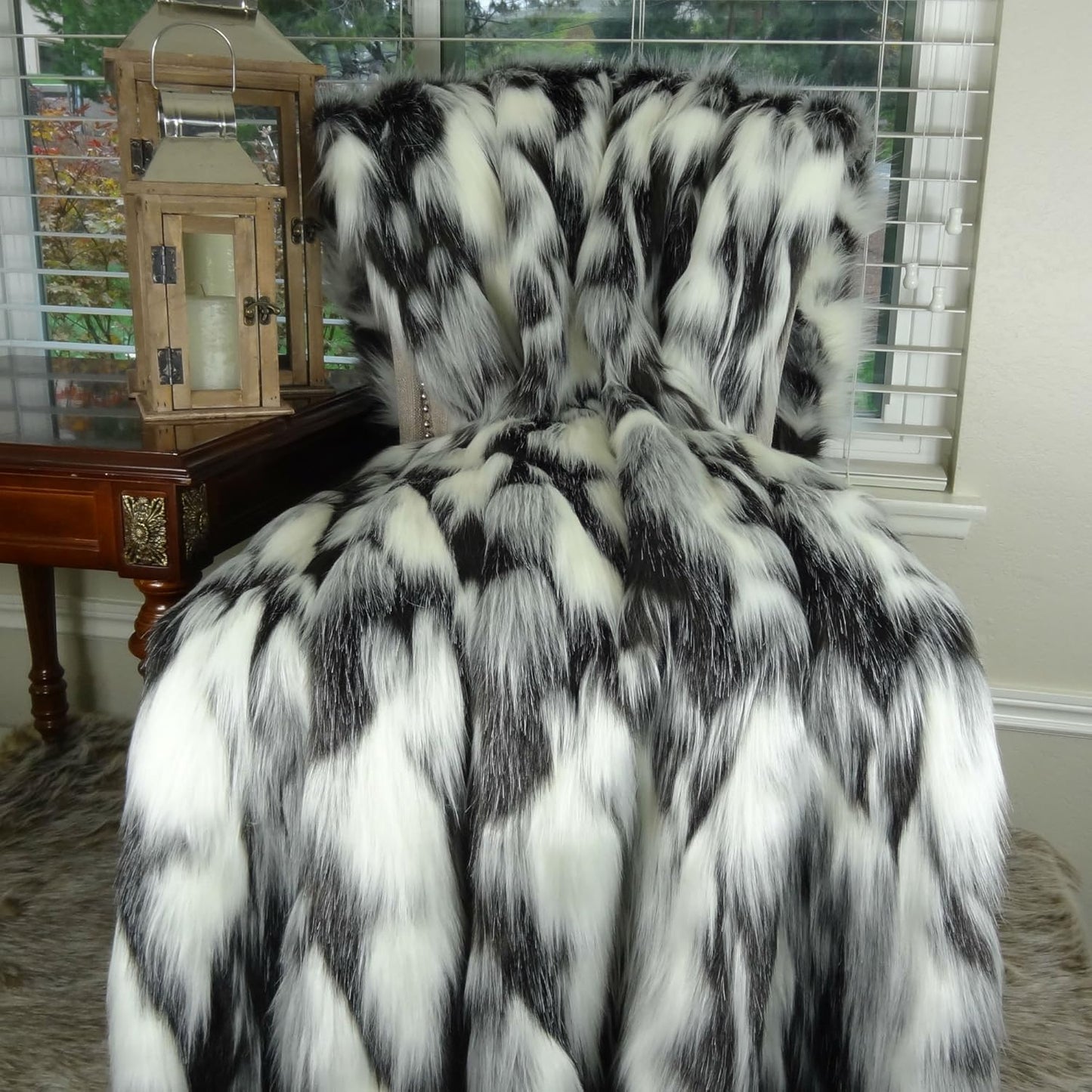 Gray Black White Faux Fur Throw Blanket & Bedspread - Tibet Fox Fur - Gray Black White Luxury Faux Fur - Soft Faux Fur Blanket, Made in USA, 16438