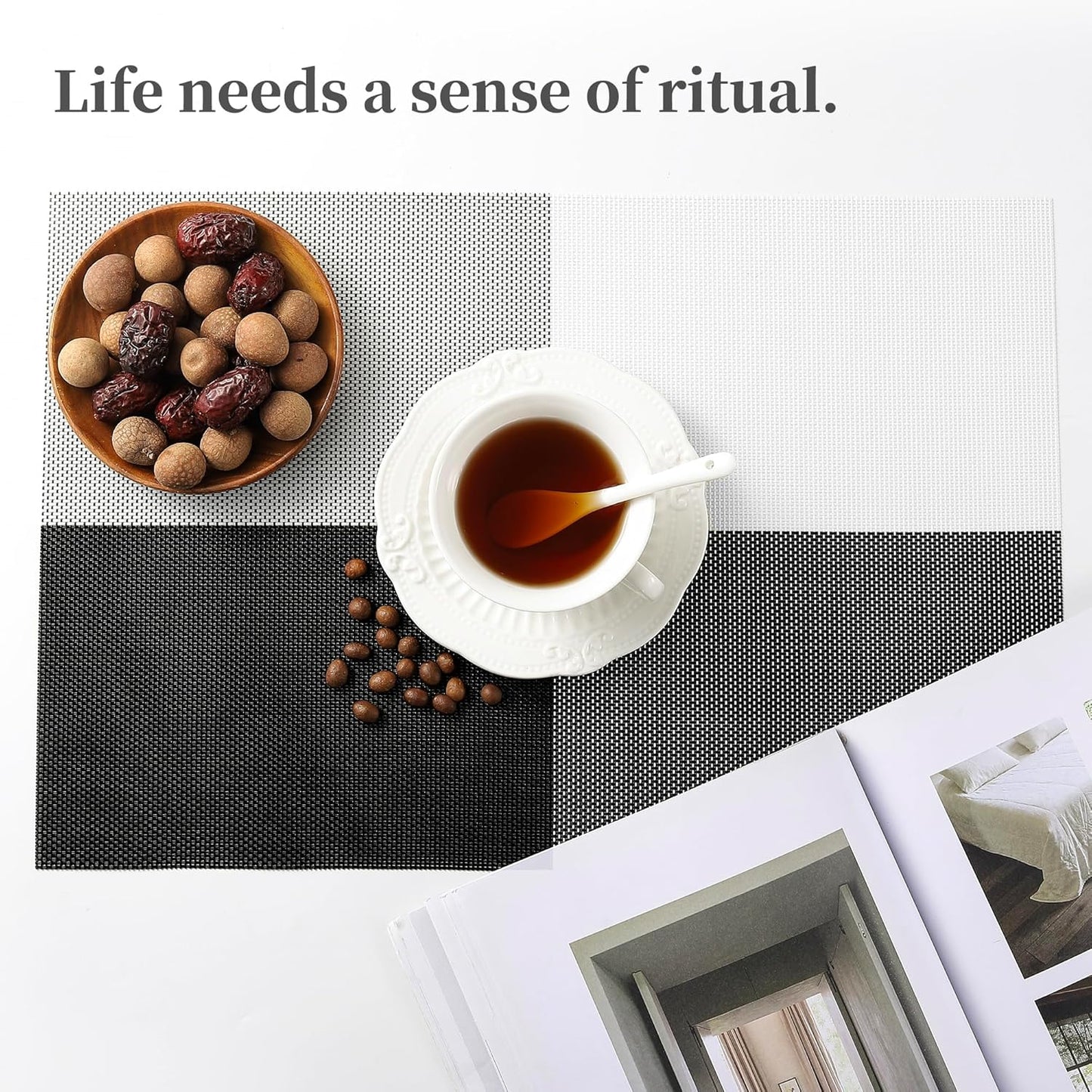 Leetaltree Gray with White Grid Pattern Placemats Set of 6 - Heat Resistant Non-Slip Place mats for Dining Table, Washable Durable PVC Vinyl Woven Table Mats（Grey Grid, 6）