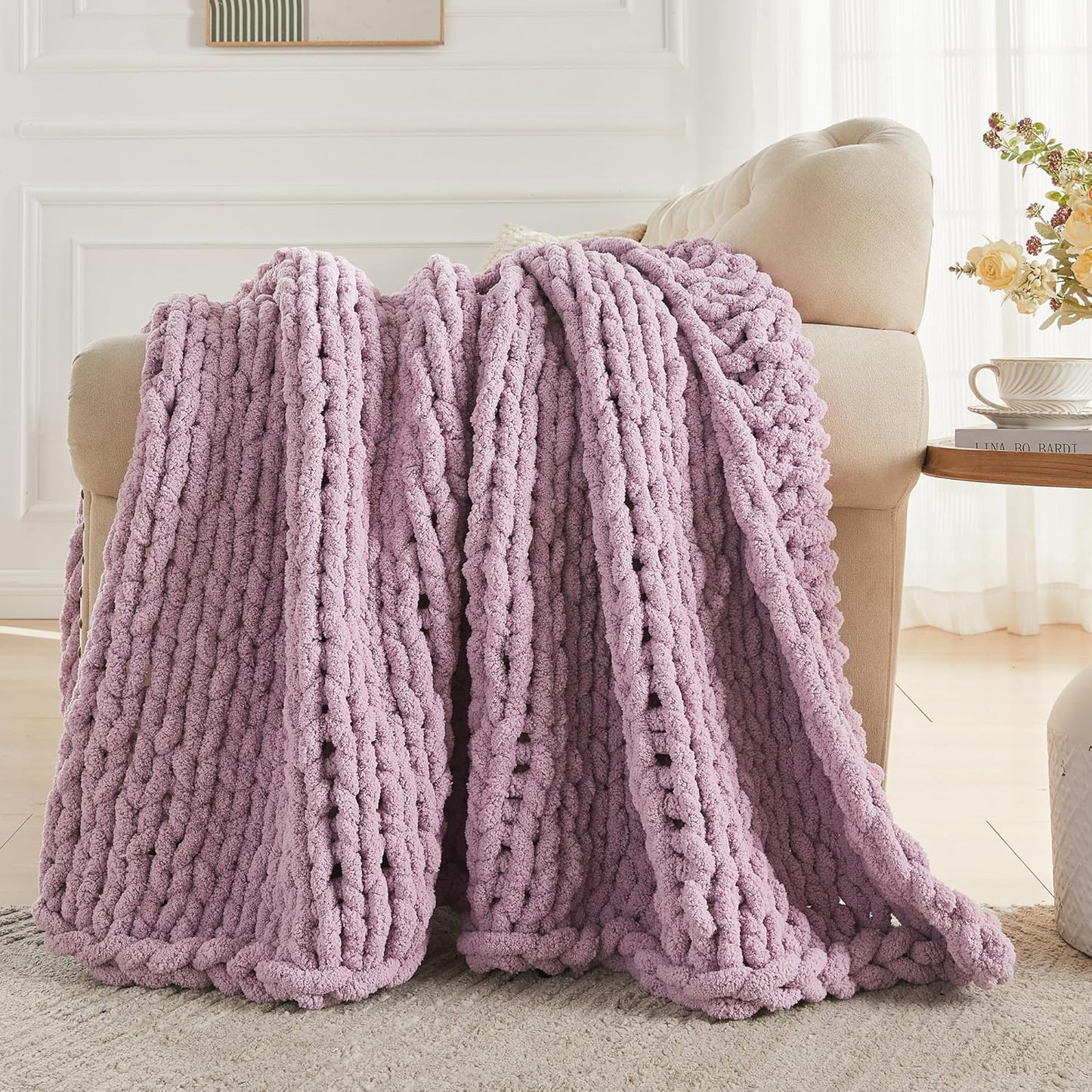 Carriediosa Chunky Knit Throw Blanket 50" X 60", 100% Hand Made Large Chenille Loop Yarn Soft Fluffy Throws for Couch Sofa Bed, Big Crochet Cozy Heavy Thick Cable Woven Blankets, Purple