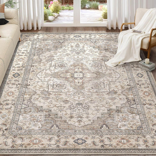 Washable Area Rugs for Living Room - 9x12 Neutral Vintage Distressed Floral Farmhouse Boho Large Soft Floor Rug Indoor Non Slip Carpet for Bedroom Dining Room Office - Brown/Multi