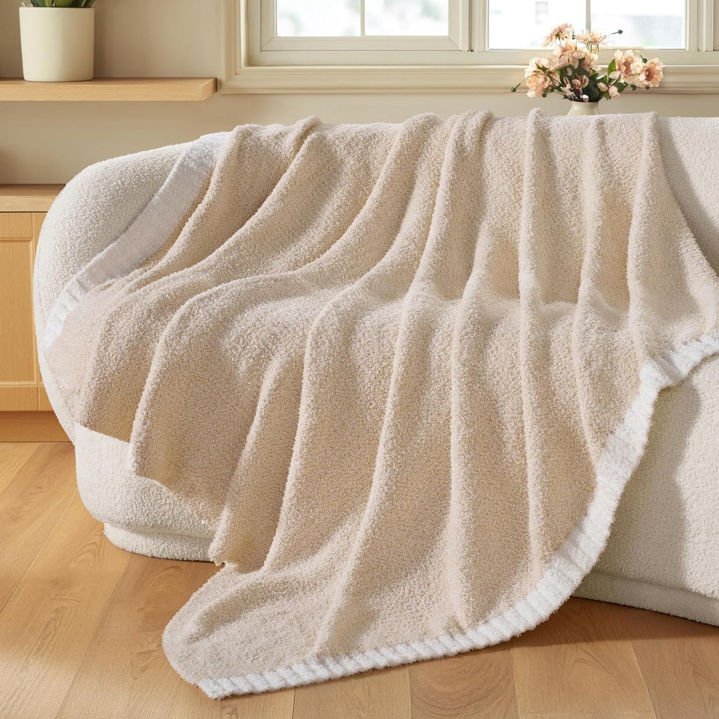 Joiedomi Throw Blanket for Couch Bed Sofa, Beige Knitted Blankets Gifts for Women Mom Girls, Cozy Cute Soft Throw Home Room Decor Aesthetic for Women Mothers Birthday Gifts 50x60 Inches