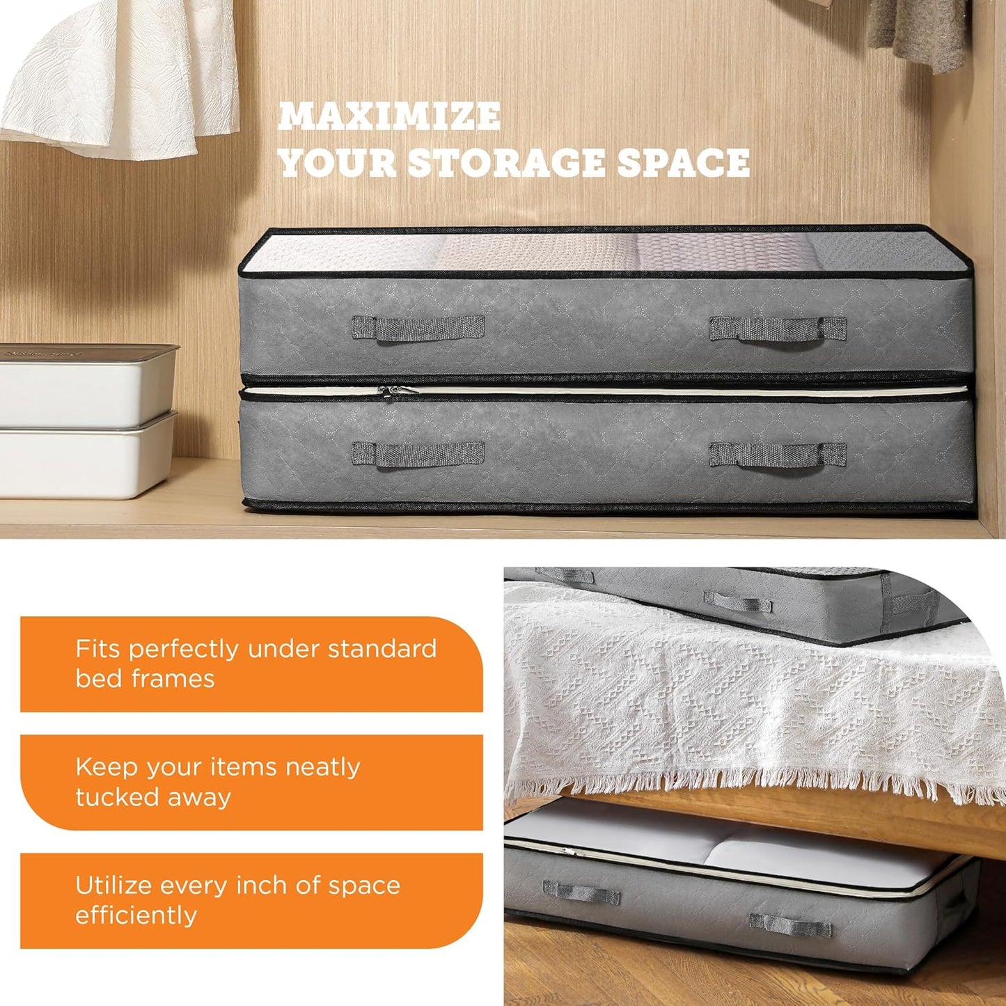 storageLAB Under Bed Storage Containers - Foldable Closet Organizer with Clear Top, Sturdy Handles - 7L Capacity Storage Box for Clothing, Comforter, Blanket, and Shoe - 2 Pack, Soft-Sided, Gray