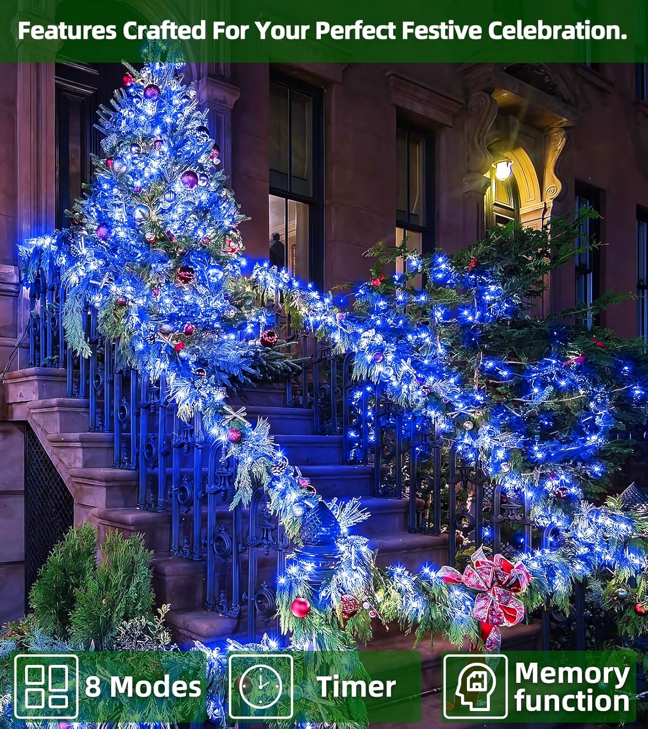 750 LED Outdoor Christmas Lights Decorations, 246ft Green Wire LED Christmas String Lights with Timer Memory, Twinkle Lighs for Indoor Outdoor Xmas Party Christmas Tree Wedding Garden Patio Blue