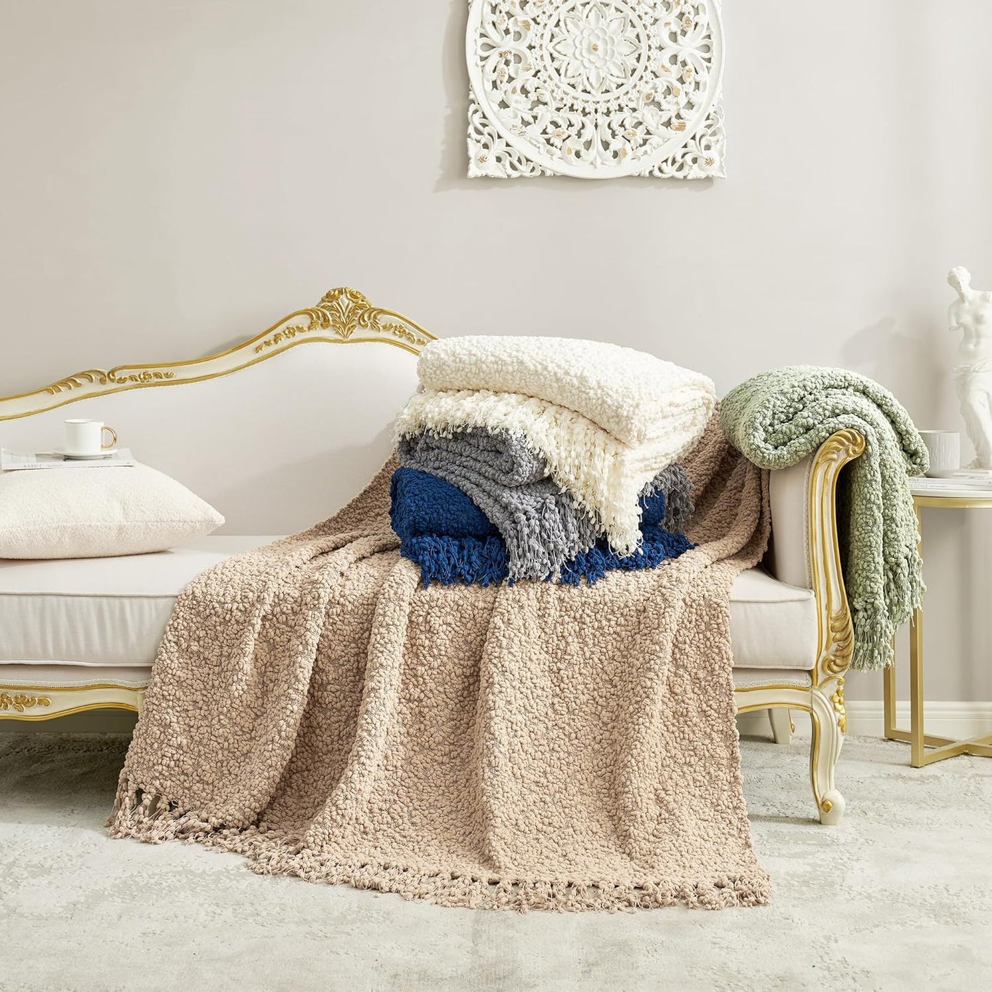 Amélie Home Knit Throw Blanket with Tassels for Couch, Luxury Boho Throw Blanket for Summer Ivory, 50"x60"