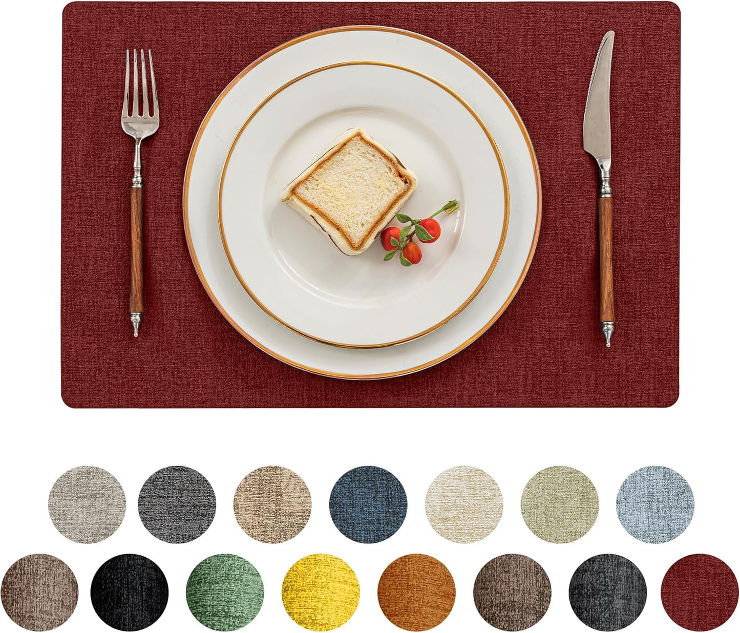 Romanstile Vinyl Placemats Set of 6-12 X 18 Inch - Heat Resistant Place Mats 100% Waterproof Oilproof Wipeable Reversible Faux Leather Table Mats for Kitchen/Dining/Party/Outdoor, Red