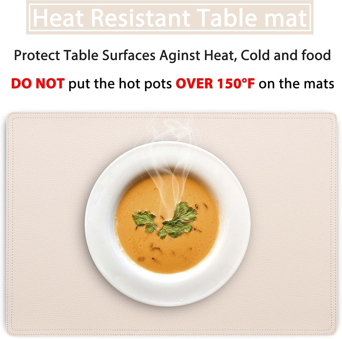 Set of 6 Faux Leather Placemats, PU Table Mats, Waterproof, Stain Resistant, Heat Resistant, Non-Slip Easy to Clean for Kitchen Dining Table,Conference Table, Beige