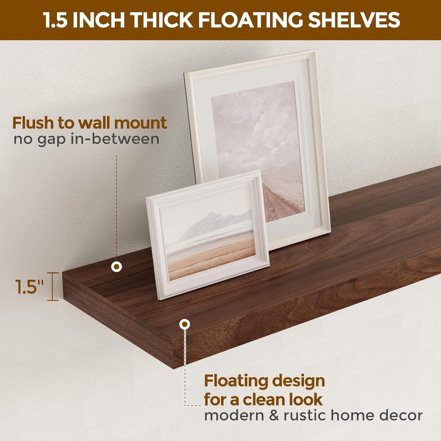 55 Inch Floating Shelves Set of 2, Rustic 55 x 9 Floating Shelf for Wall, 9 Inch Deep Wall Shelves Invisible Bracket, Large Deep Shelving for Bedroom, Kicten, Living Room, Walnut Color