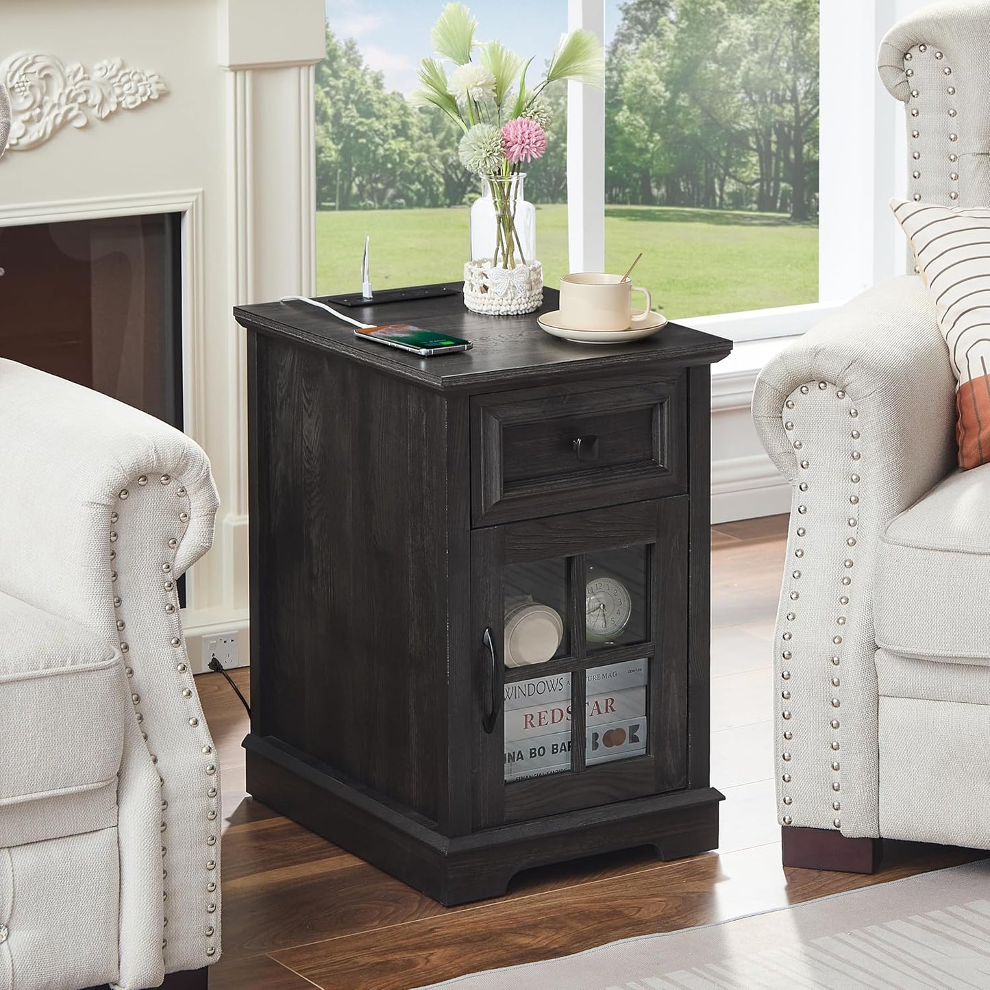 Farmhouse XXL End Table with Charging Station, Side Table with USB Ports and Outlets, Nightstand with Drawer and Glass Door Storage, Grey Bedside Tables for Living Room, Bedroom, Office