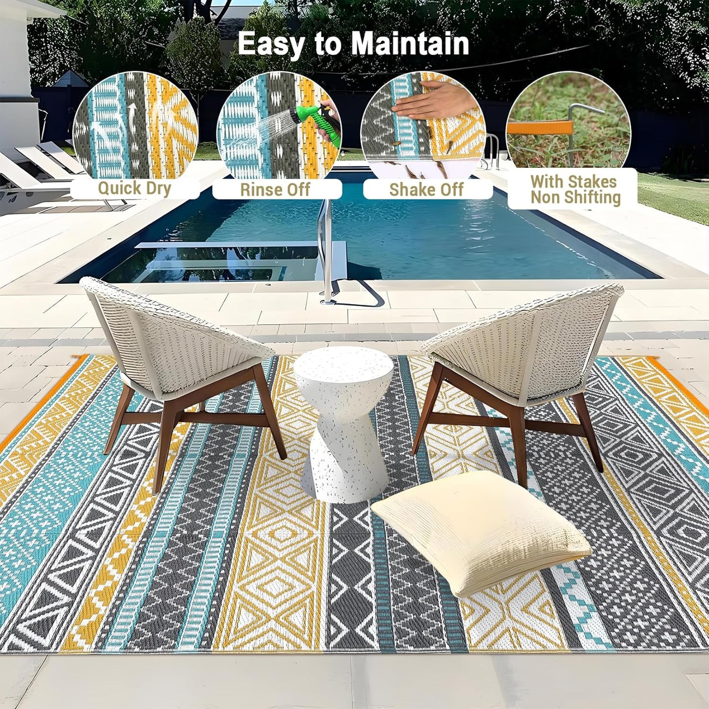 GAOMON Outdoor Rug for Patio 5'x8' Reversible Plastic Rugs Camping Mat for Outdoor, RV, Backyard, Deck, Balcony, Picnic, Beach, Teal/Yellow(Bohemia)