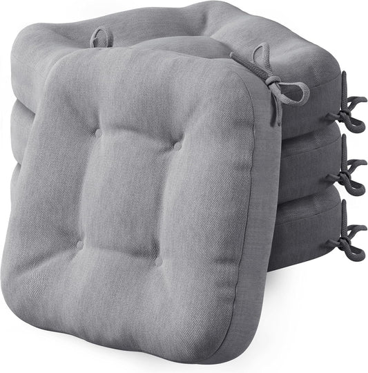 Codi Dining Chair Cushions 4 Pack, Thick Chairs Pads for Indoor Kitchen Room - Washable, Non-Slip Seat Cushion with Ties, 16.5"x16.5"x 3.5", Set of 4, Grey