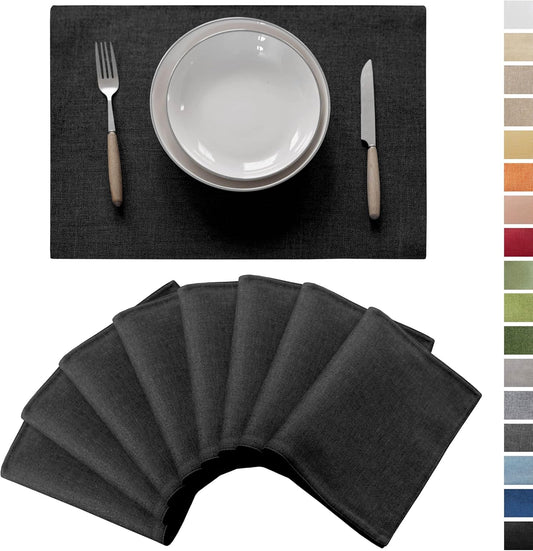 Demetex Black Cloth Placemats Set of 8 Wipeable Classic Place Mats Heat Resistant Table Mats for Dining Room Kitchen Tables, 13x19 inch, Black