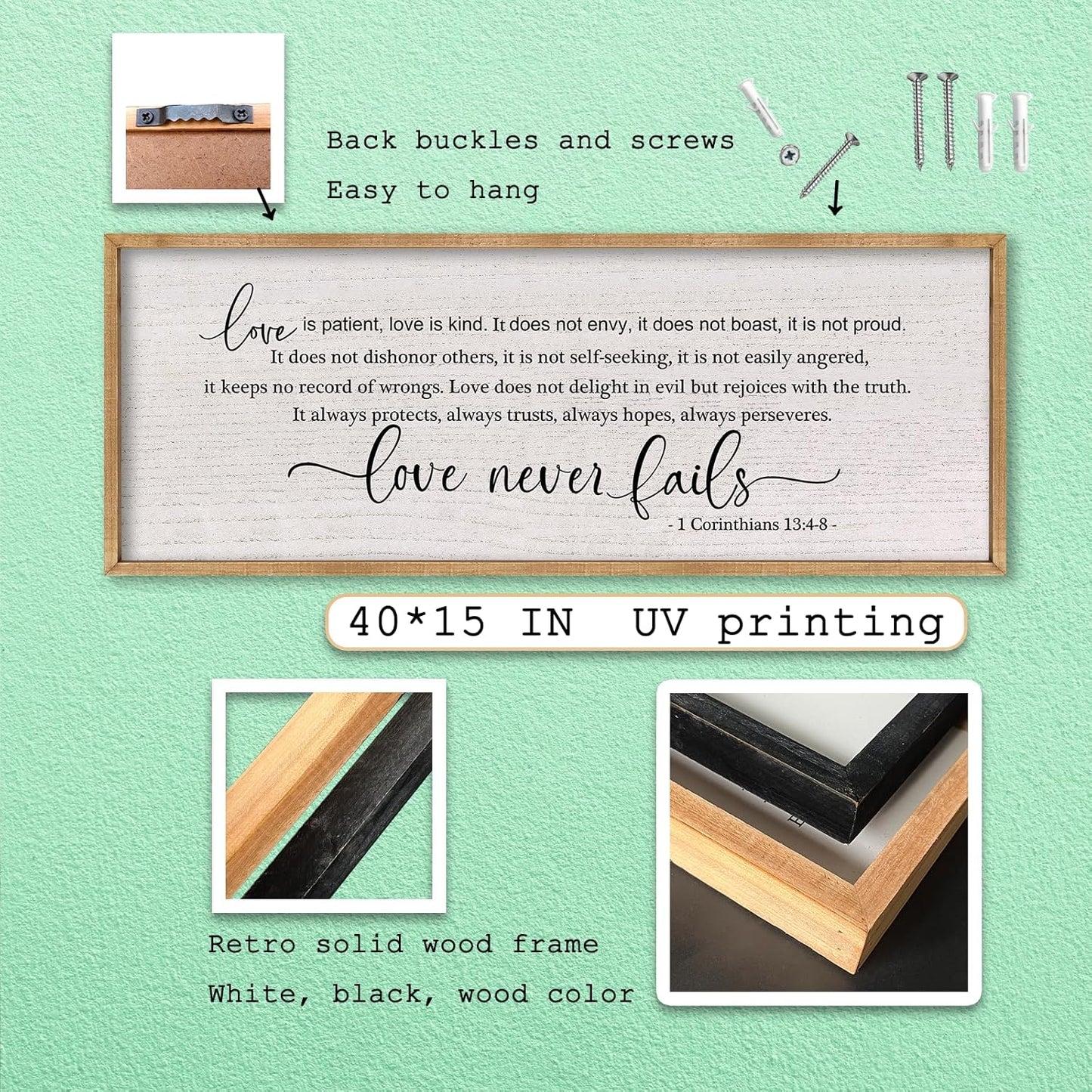 LuZhiQiang Love is Patient Love is Kind Wall Decor 40"X15" Bible Verse Quote 1 Corinthians 13 For Bedroom Above Bed Christianity Couple Sign Large Wood Framed Wall Hanging Art (Wood)