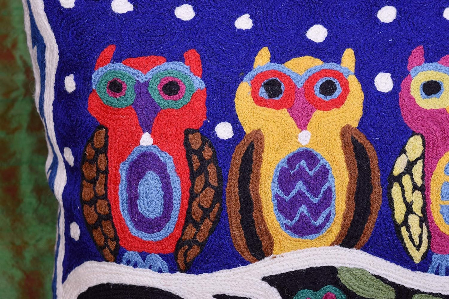 Lumbar Four Owls Decorative Pillow Cover Blue Whimsical Hand Embroidered Wool 14x20