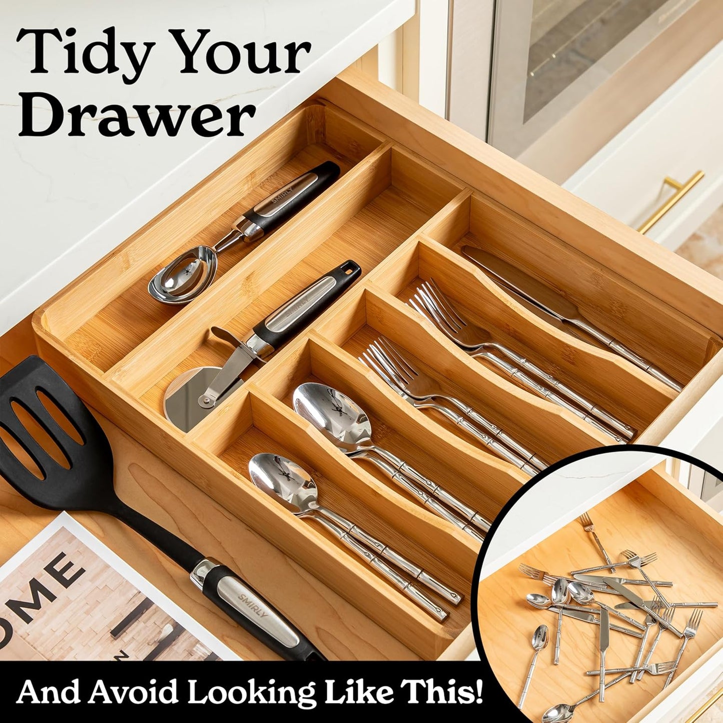 SMIRLY Silverware Drawer Organizer – Bamboo Kitchen Drawer Organizer, Adjustable Utensil Holder and Cutlery Tray, Drawer Dividers for Flatware and Kitchen Utensils