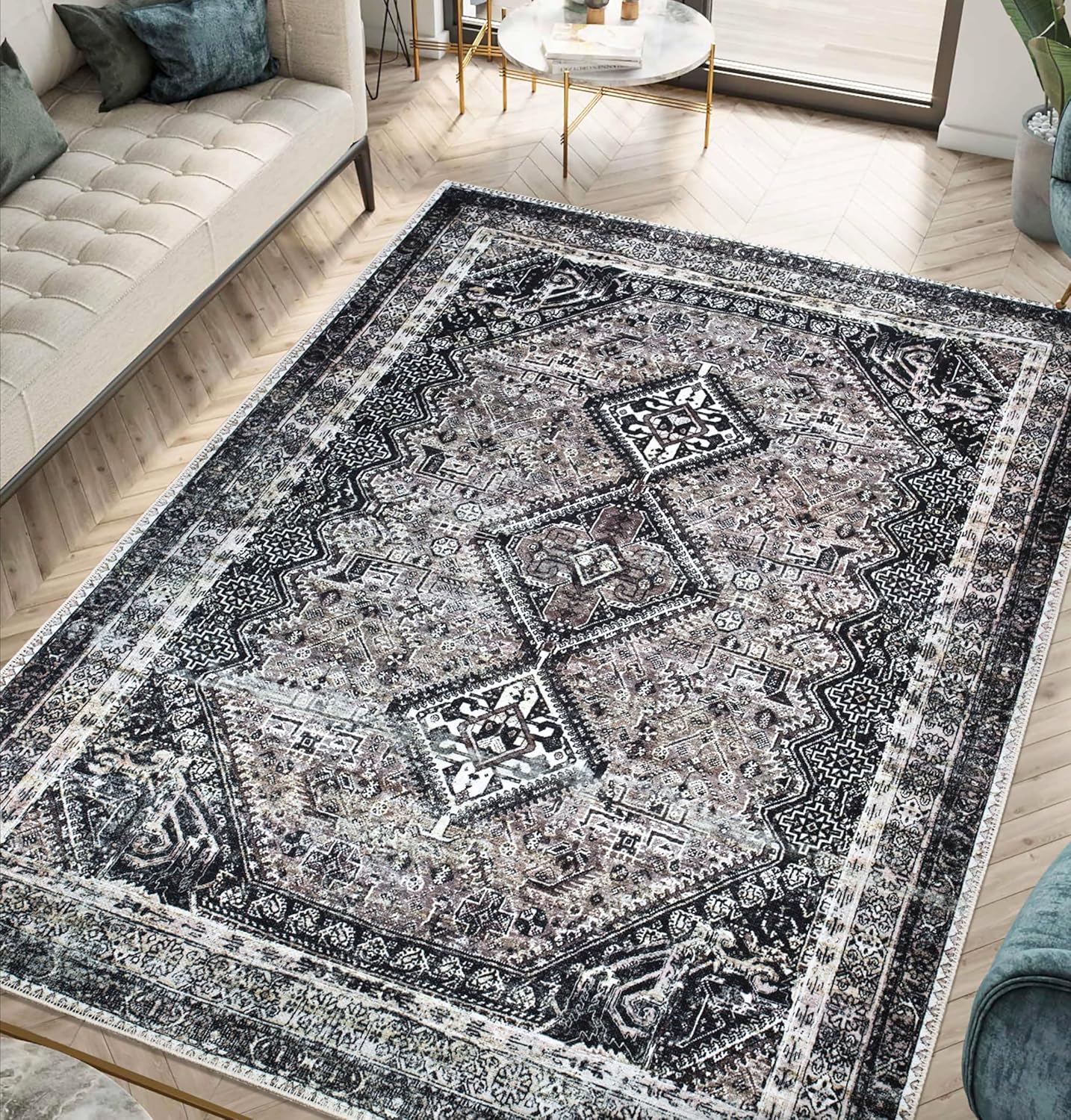 Keen Home Design 9x12 Rug - Machine Washable Area Rug with Non-Slip Backing, Ideal for Living Room, Dining Room, Bedroom - Vintage, Easy Clean, Durable, Low Pile Rug - (9' x 12')