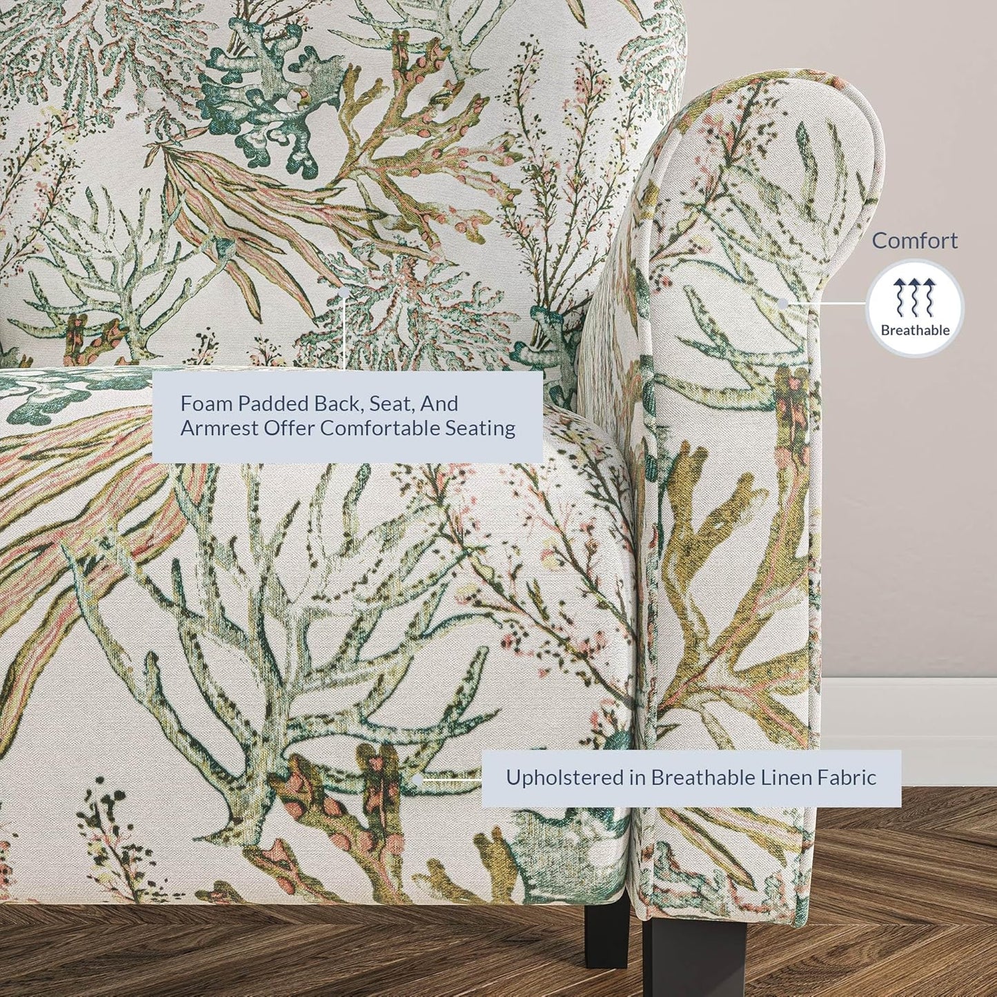 BELLEZE Modern Accent Chair for Living Room, High Back Linen Armchair with Wooden Legs, Upholstered Wingback Side Chair Padded Armrest Single Sofa for Living Room, Bedroom - Allston (Green Coral)