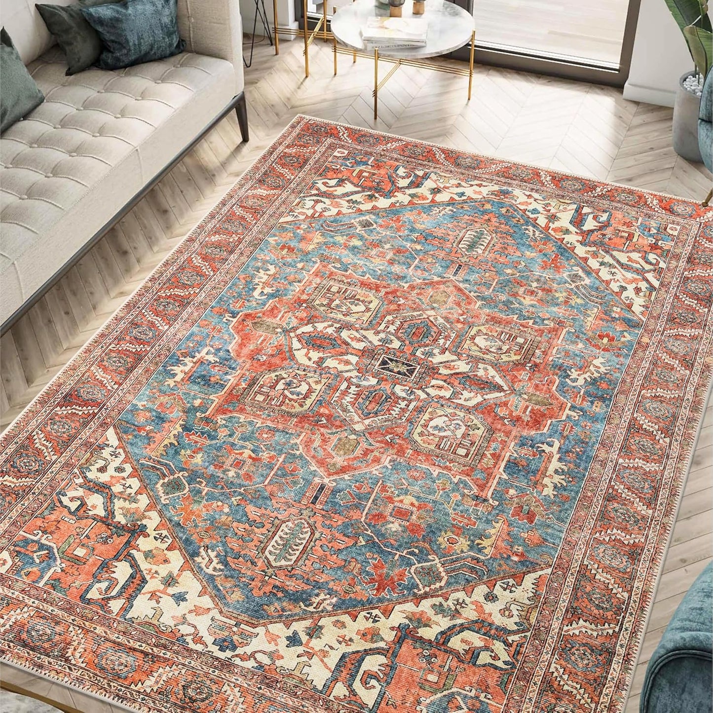 Keen Home Design 10x14 Rug - Machine Washable Area Rug with Non-Slip Backing, Ideal for Living Room, Dining Room, Bedroom - Vintage, Easy Clean, Durable, Low Pile Rug - (9'7" x 14')
