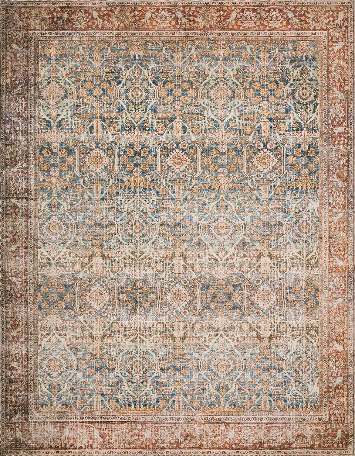 Loloi Layla Collection LAY-04 Ocean/Rust 5'-0" x 7'-6" .13" Thick Area Rug, Soft, Durable, Vintage Inspired, Distressed, Low Pile, Non-Shedding, Easy Clean, Printed, Living Room Rug