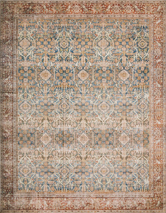 Loloi Layla Collection LAY-04 Ocean/Rust 2'-0" x 5'-0" .13" Thick Accent Rug, Soft, Durable, Vintage Inspired, Distressed, Low Pile, Non-Shedding, Easy Clean, Printed, Living Room Rug